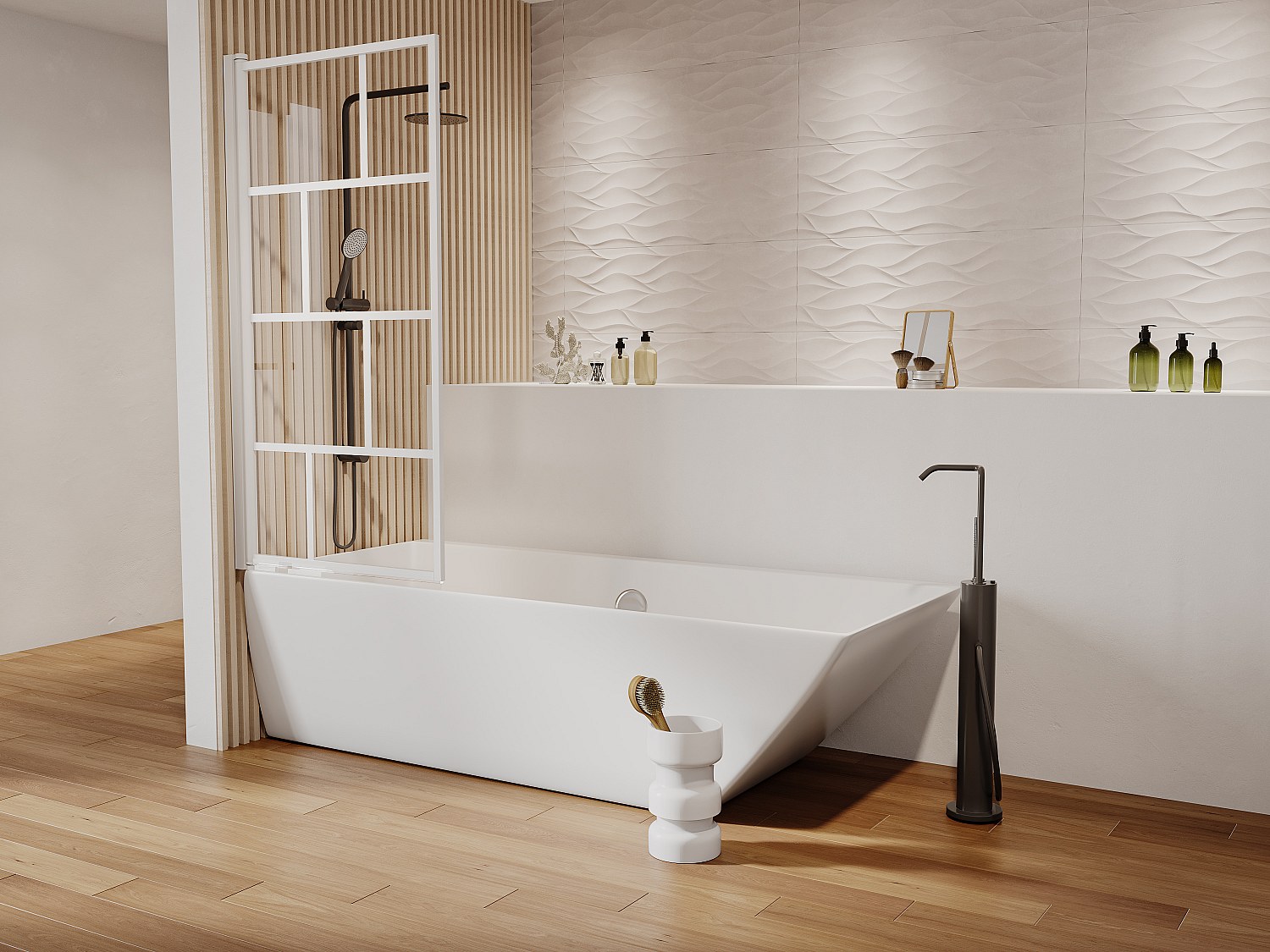 Duschtrennwand für die Badewanne – 70 x 140 cm – Glas – Weiß matt – RIVANON