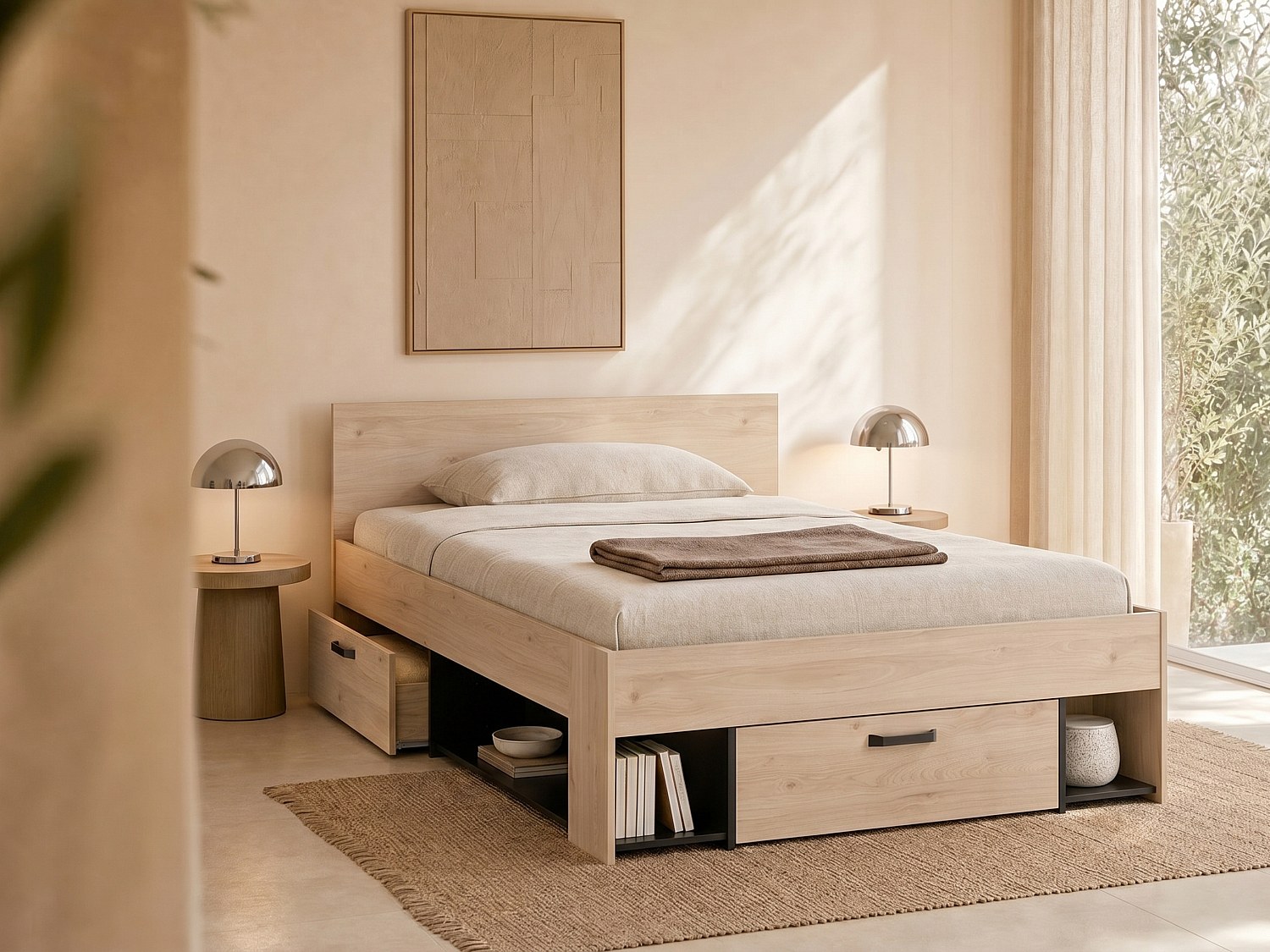 Bett 140 x 190/200 mit Stauraum - Holzfarben & Schwarz - KINSELIA