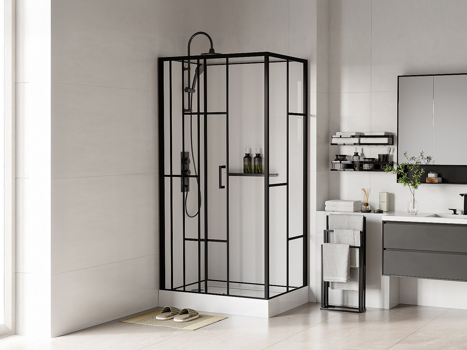 Duschkabine - rechteckig - Siebdruck - Beidseitige Installation - Weiß & Schwarz matt - 110 x 80 x 225 cm - GAVILA