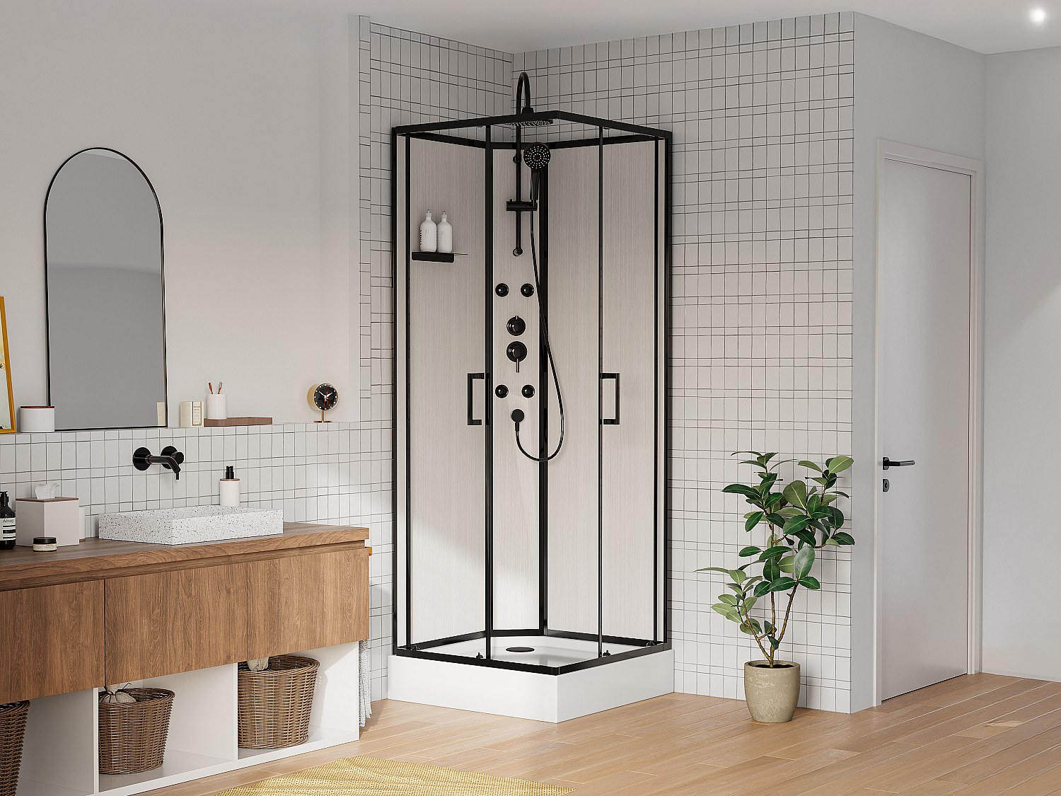Duschkabine mit Hydromassage - Bambusfasern - Schwarz matt - 80 x 80 x 225 cm - ARDALI