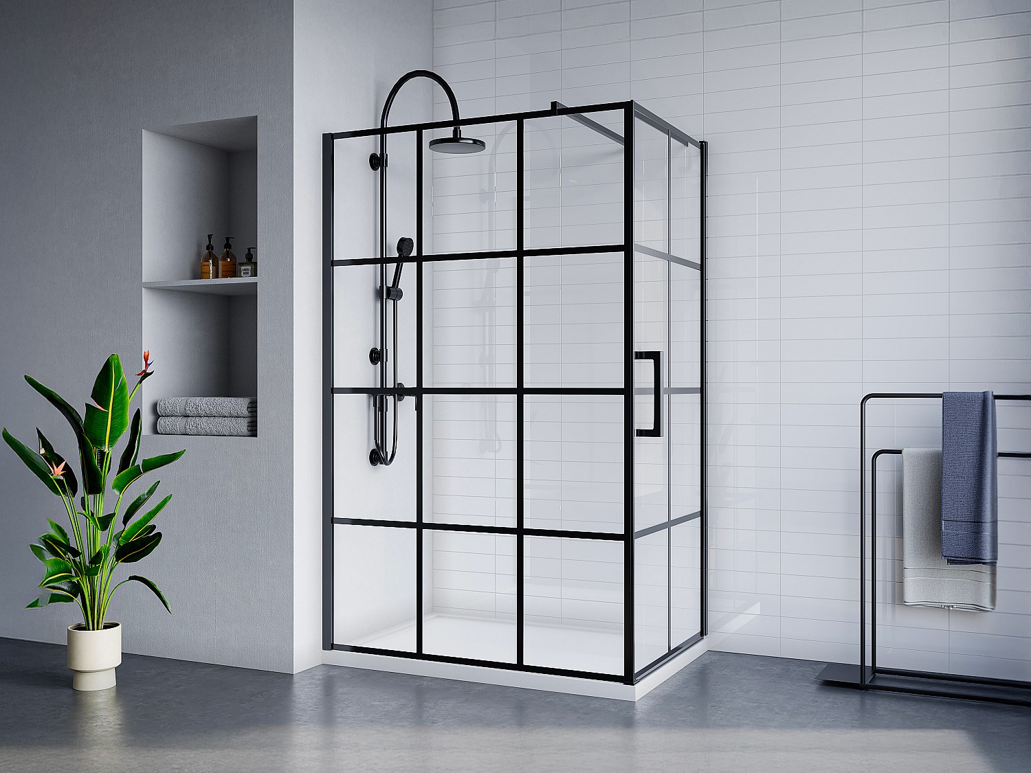 Duschtrennwand fest mit Schwingtür - Siebdruck - Schwarz matt - 120 x 80 x 190 cm - CAPARICA