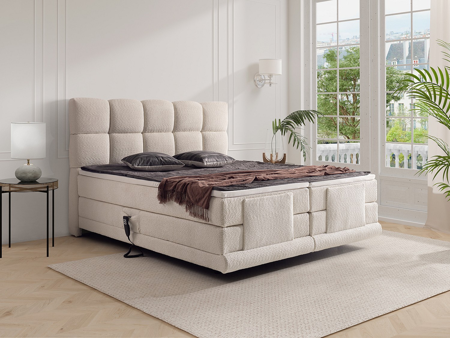 Boxspringbett mit Bett-Kopfteil + elektrisch verstellbare Lattenroste + Matratzen + Topper - 2 x 80 x 200 cm - Bouclé-Stoff - Beige - OMILA von PALACIO