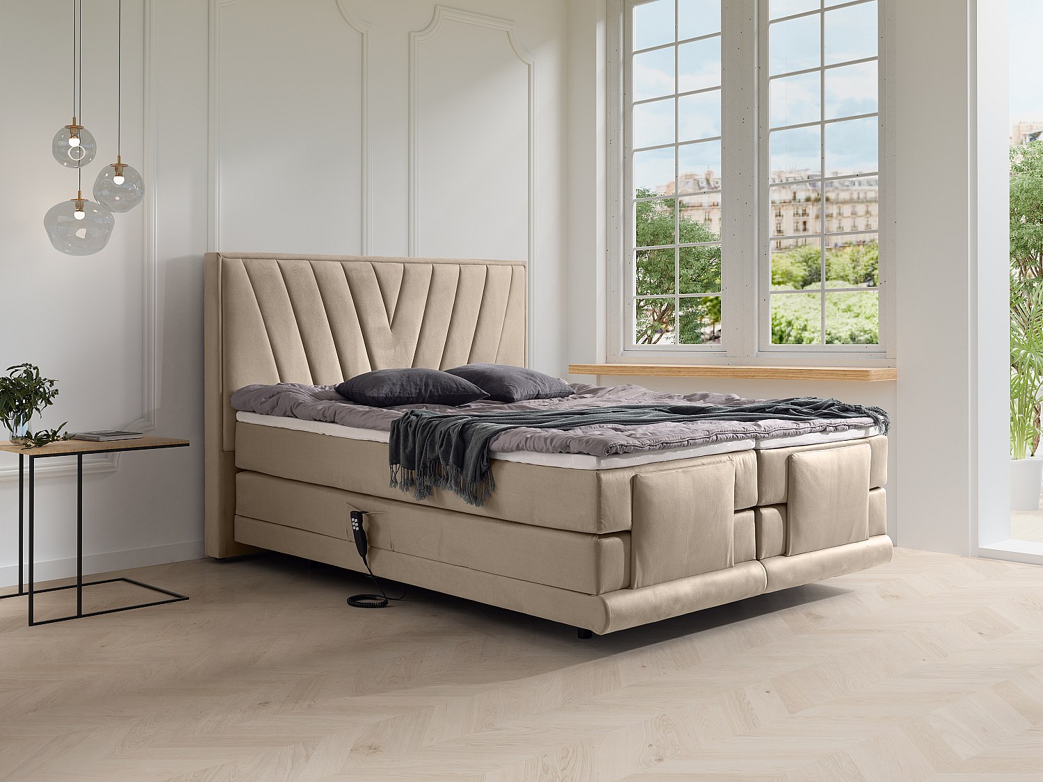 Boxspringbett mit Bett-Kopfteil + elektrisch verstellbare Lattenroste + Matratzen + Topper - 2 x 80 x 200 cm - Samt - Beige - LUMONI von YSMÉE