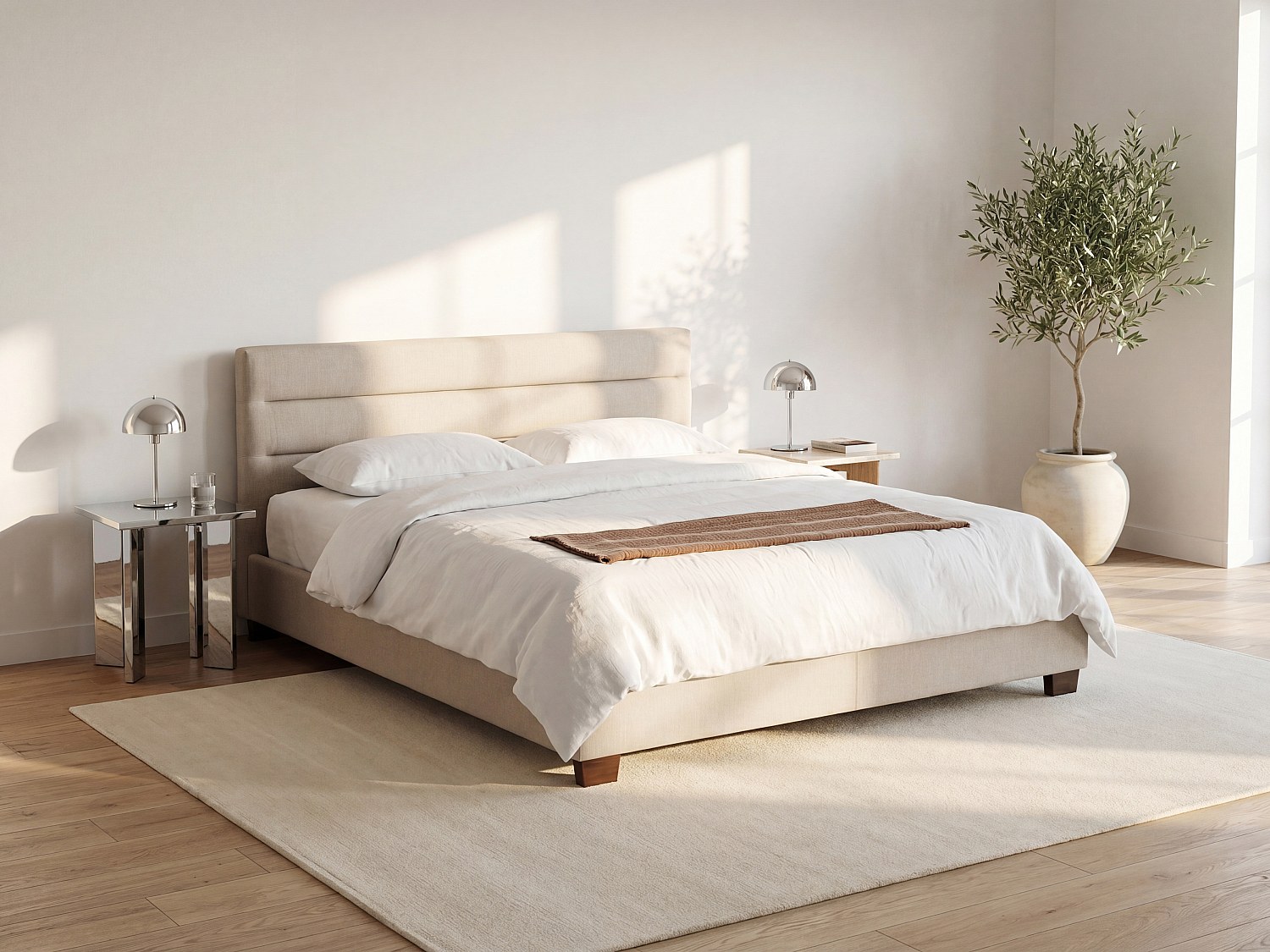 Polsterbett - 140 x 190 cm - Stoff - Beige + Matratze- FAUSTIN