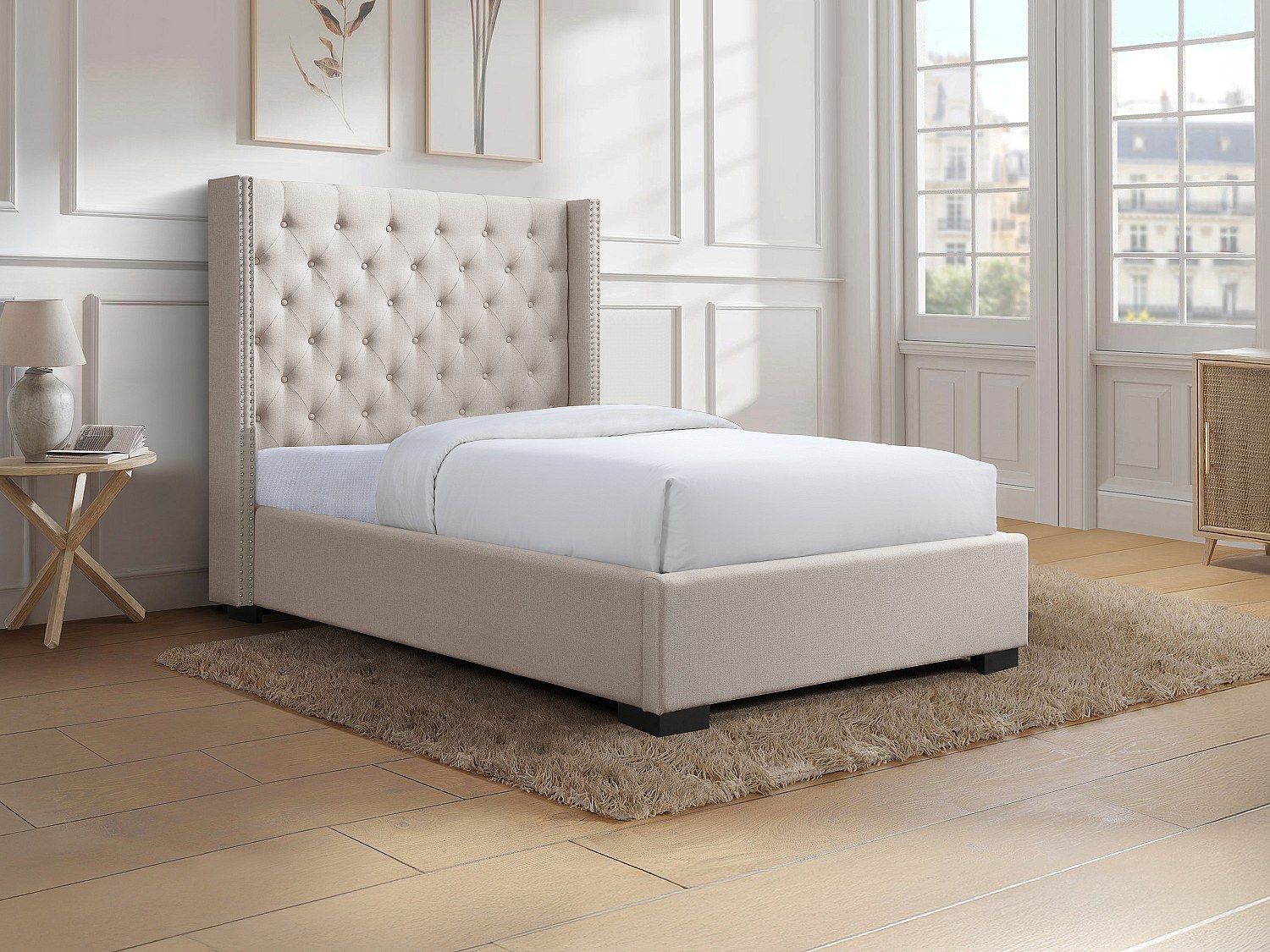 Polsterbett mit gestepptem Kopfteil - 120 x 200 cm - Stoff - Beige - MASSIMO