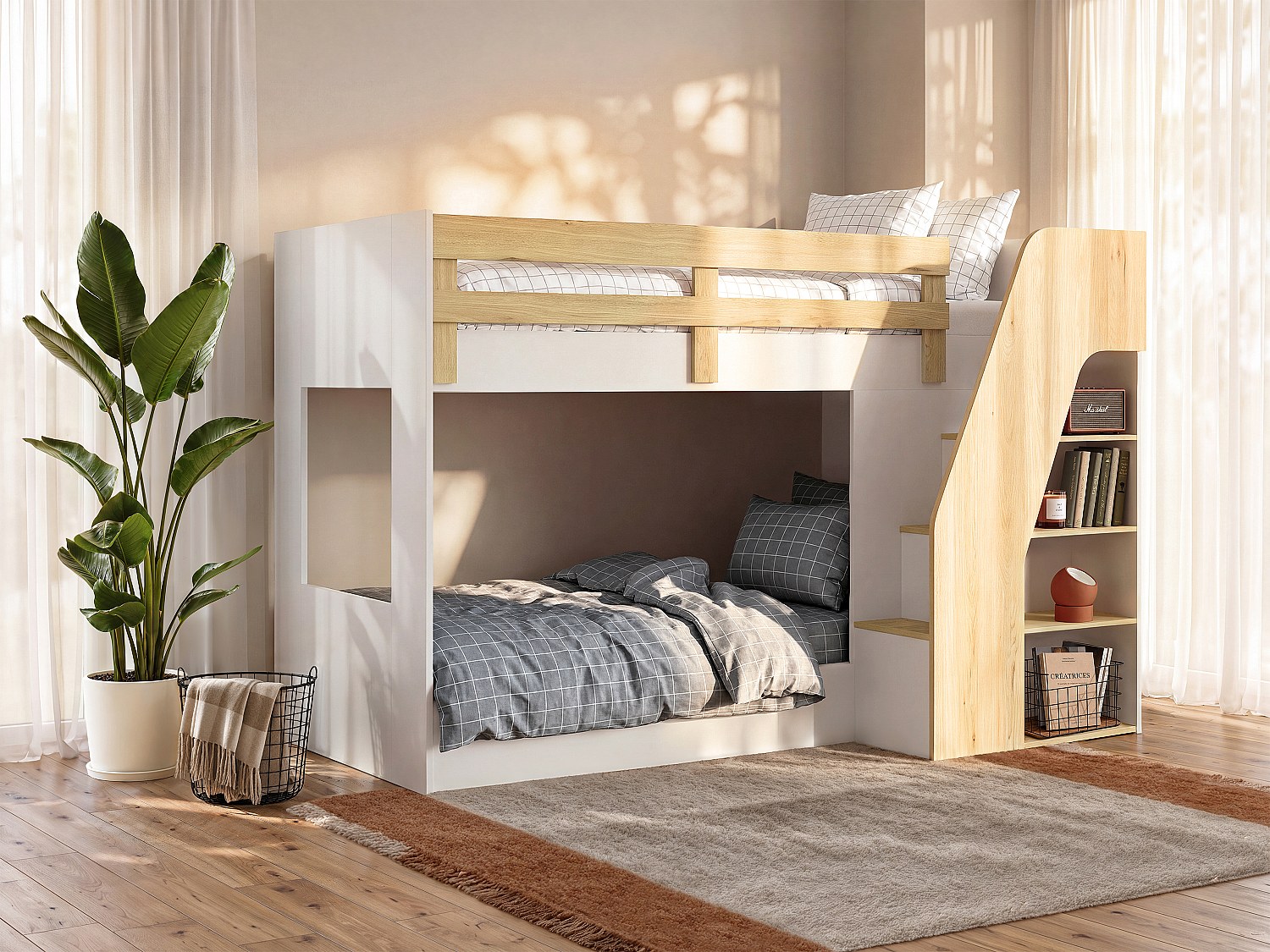 Etagenbett mit Stauraum - 90 x 190 cm - Weiß & Holzfarben - NAROJAS