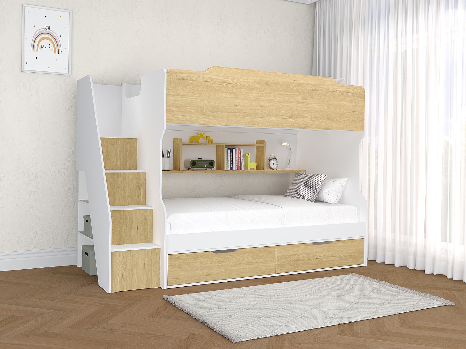Etagenbett mit Stauraum - 90 x 190 cm - Weiß & Holzfarben - YALOVA