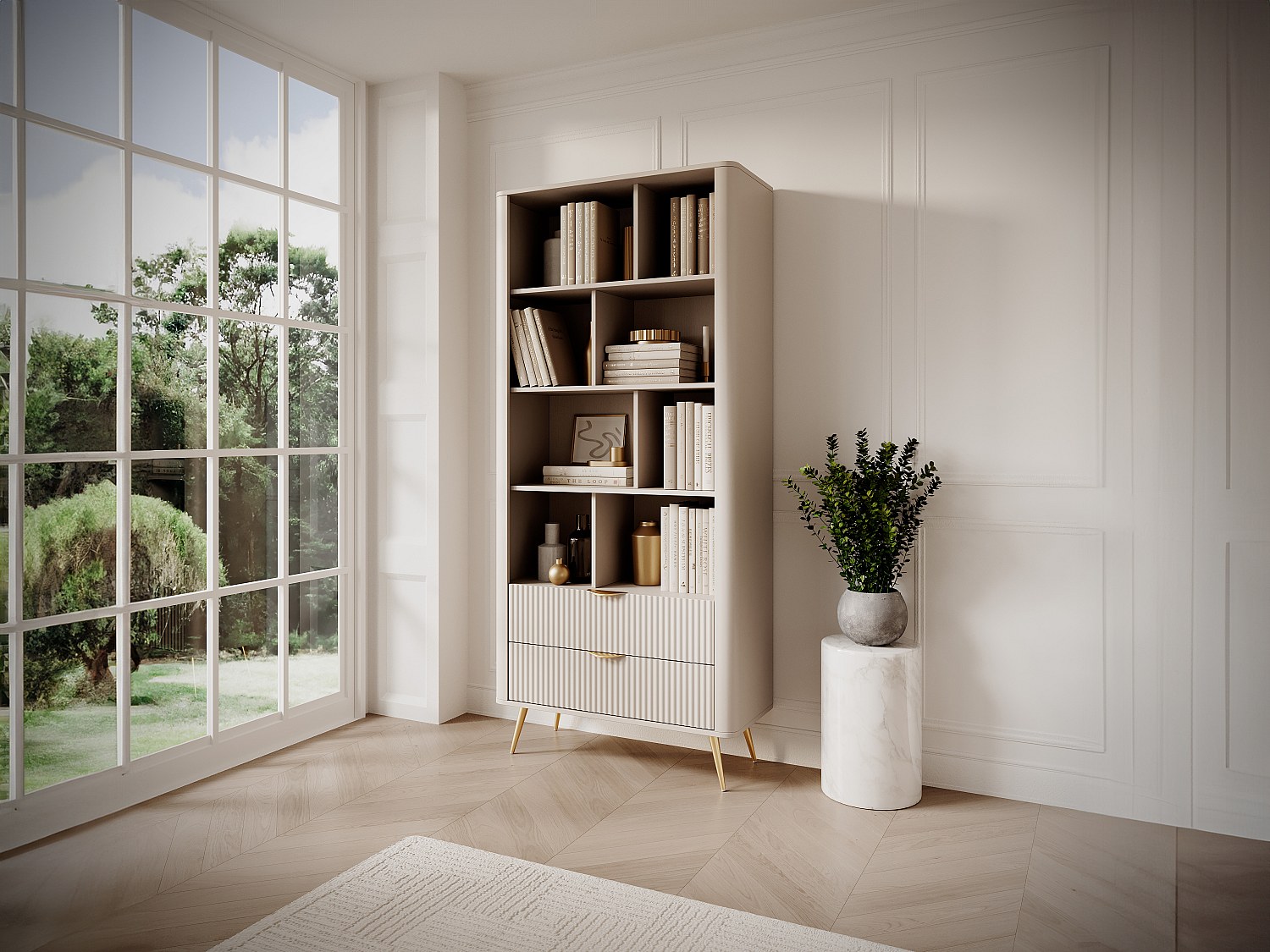 Wohnwand mit 2 Schubladen & 8 Fächern - MDF - Beige & Goldfarben - ELONARIA II