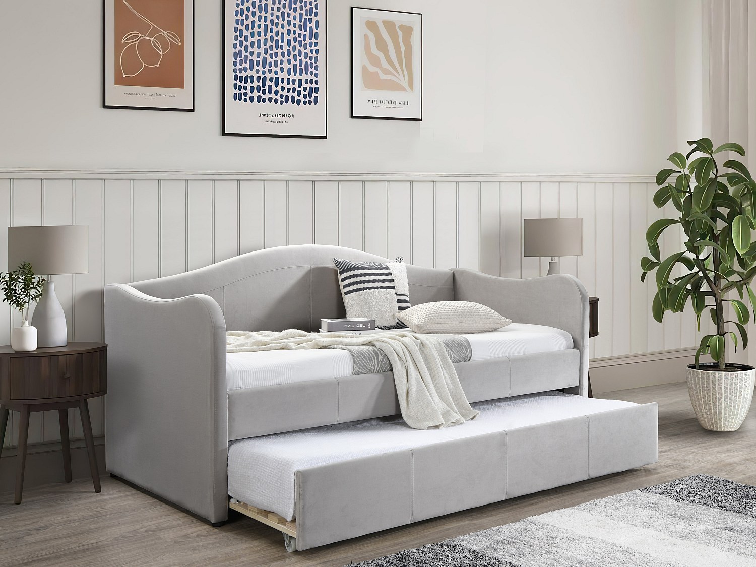 Ausziehbett - 2 x 90 x 190 cm - Samt - Hellgrau + Matratzen - MATHILDE