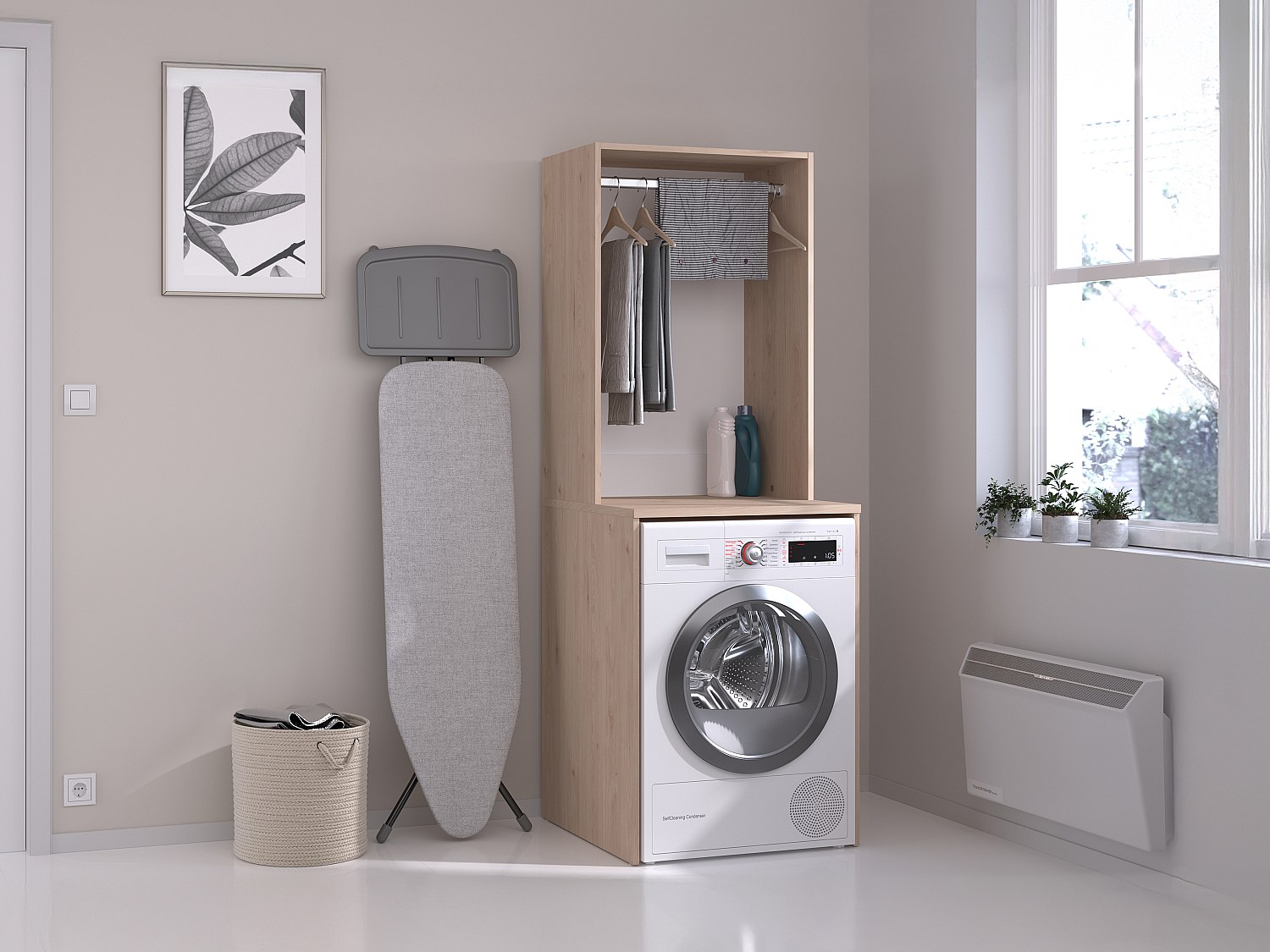 Möbel für Waschmaschine mit Kleiderstange - Holzfarben hell - 65 x 184 cm - ERKANO