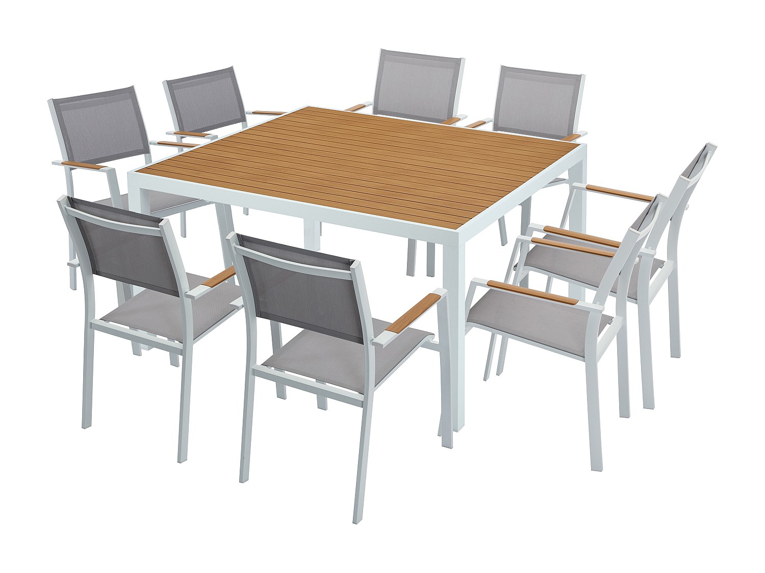 Garten-Essgruppe: Tisch quadratisch 140 cm + 8 stapelbare Sessel - Aluminium - Holzfarben hell & Grau - MACILA von MYLIA