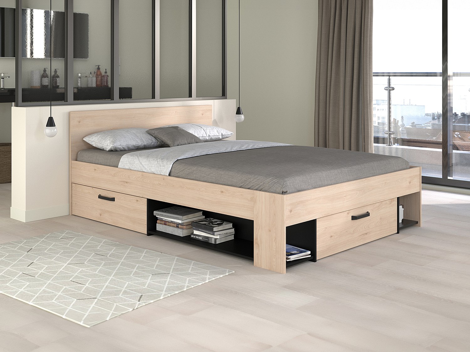 Bett 140 x 190/200 mit Stauraum + Lattenrost + Matratze - Holzfarben & Schwarz - KINSELIA