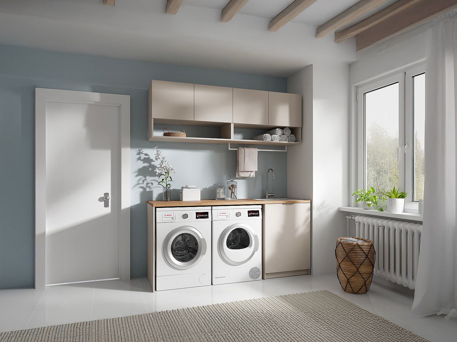 Waschküchenmöbel für Waschmaschine mit Arbeitsplatte - 182 cm - Cashmere & Holzfarben hell - NATAJI