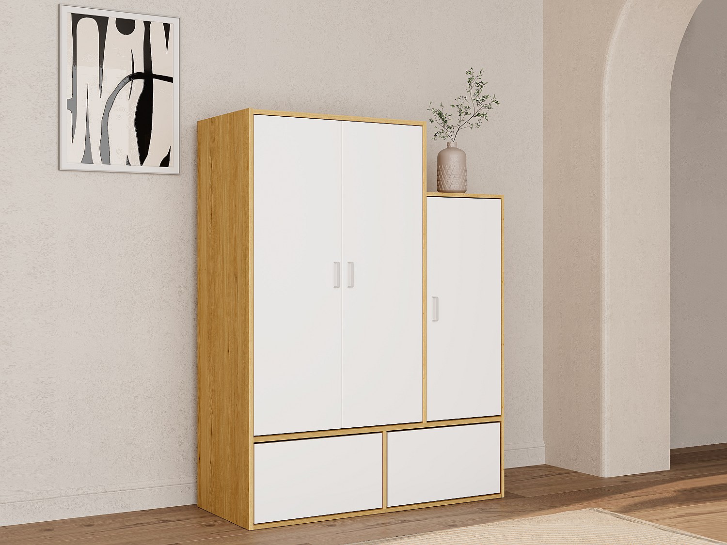 Garderobe mit 3 Türen, 1 Kleiderstange & 2 Schuhfächern - Weiß & Holzfarben - NYVELA