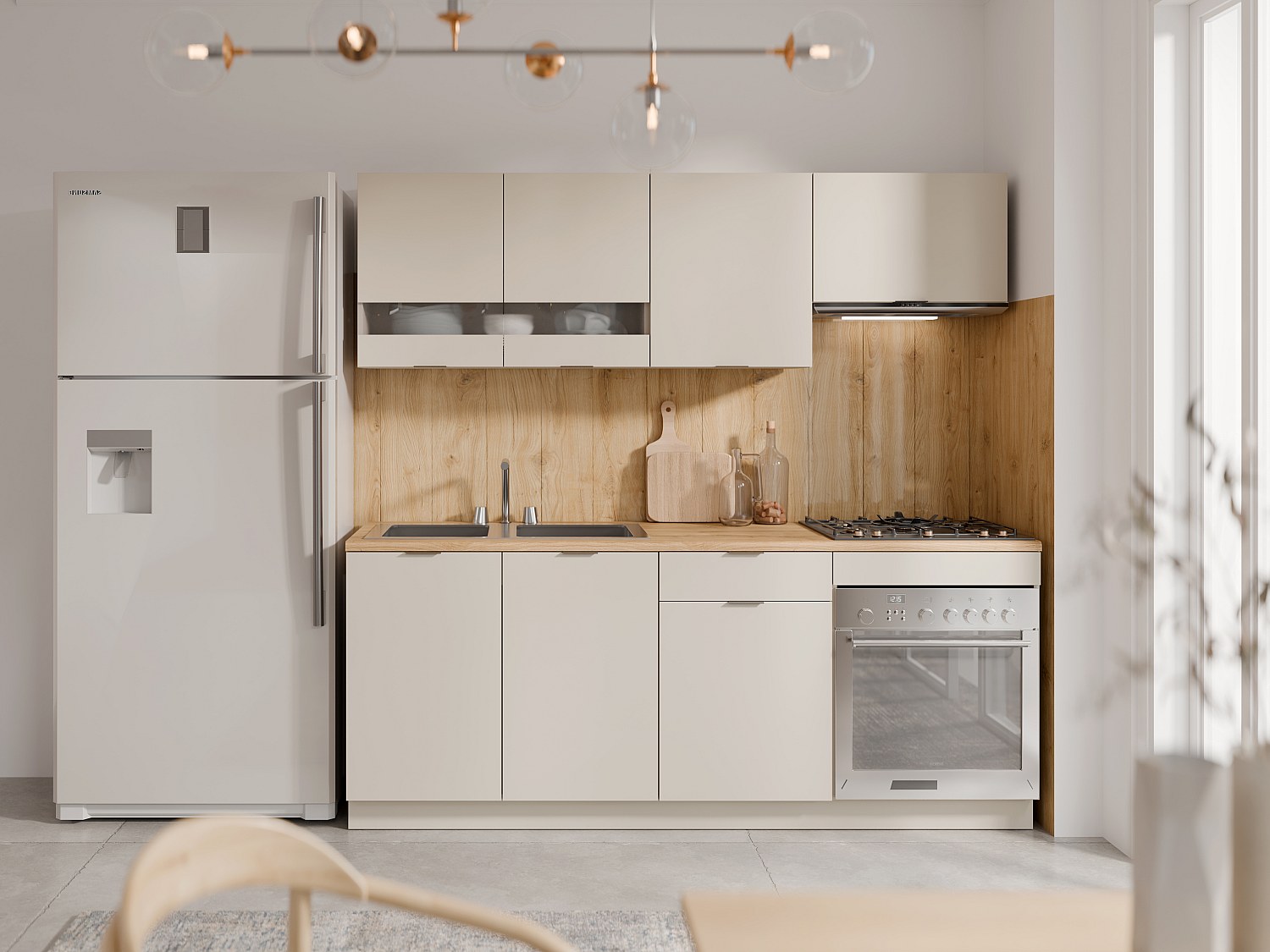 Küchenzeile - Mit Arbeitsplatte 200 cm - Beige & Holzfarben - CARMEO