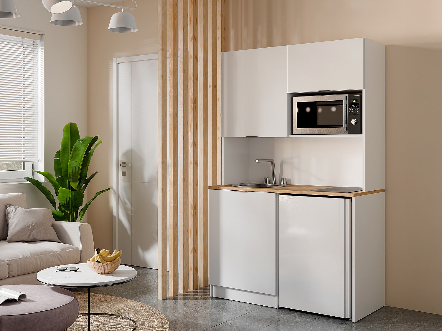 Multifunktionsmöbel für Küchenzeile & Waschraum - Mit Arbeitsplatte 120 cm - Weiß & Holzfarben - CARMEO