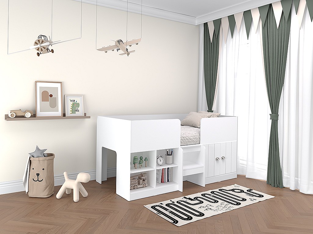 Hochbett mit Stauraum + Matratze - 90 x 190 cm - Weiß - BOUTANIO