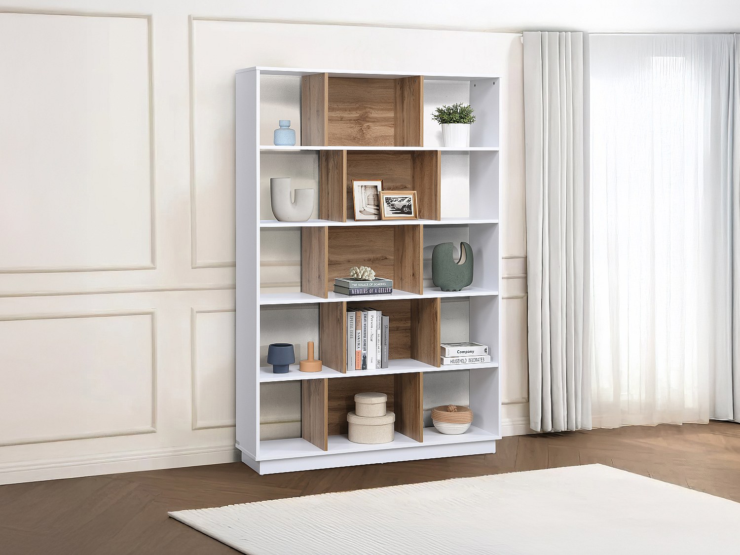Wohnwand mit 15 Fächern - Weiß & Holzfarben - DALENOR