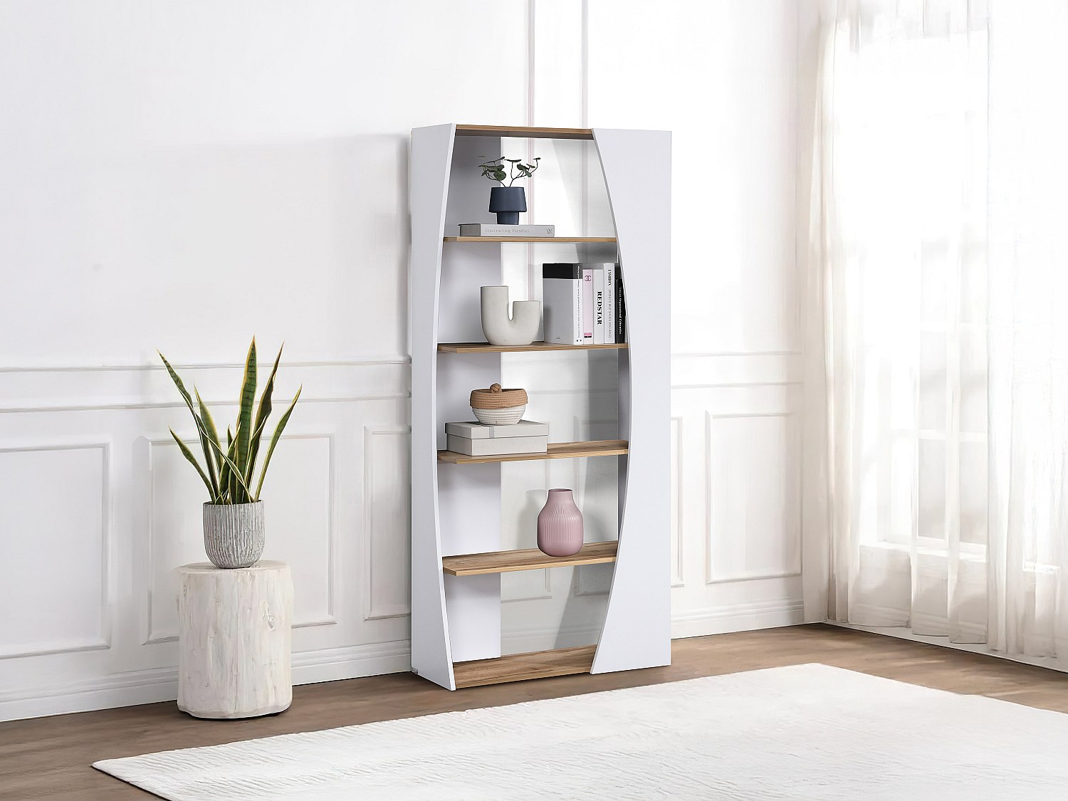 Wohnwand mit 5 Regalböden - Weiß & Holzfarben - JILORA