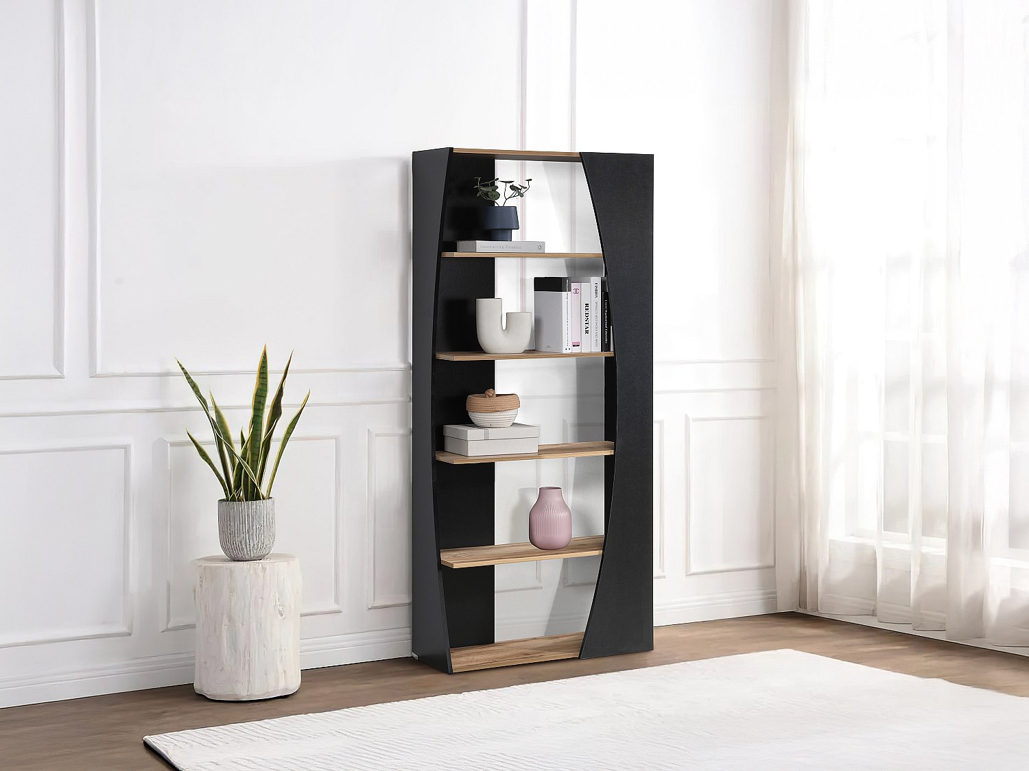 Wohnwand mit 5 Regalböden - Schwarz & Holzfarben- JILORA