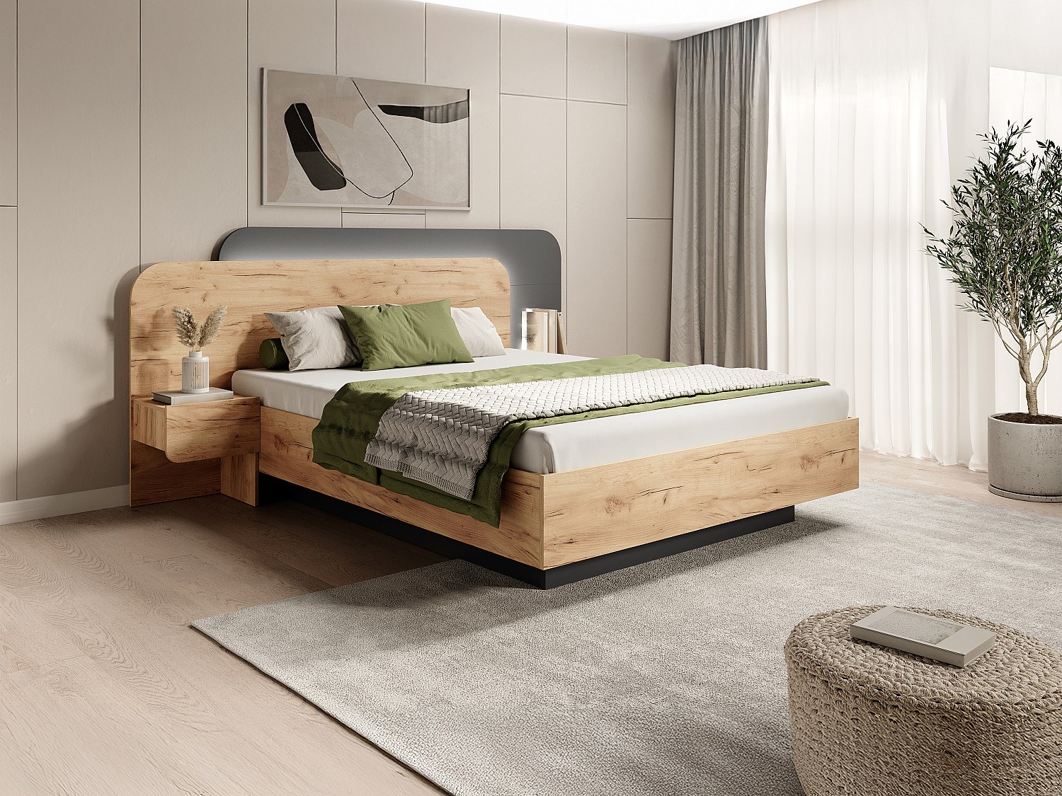 Bett mit Nachttischen - 160 x 200 cm - Mit LED-Beleuchtung - Holzfarben & Anthrazit + Lattenrost - DESADO