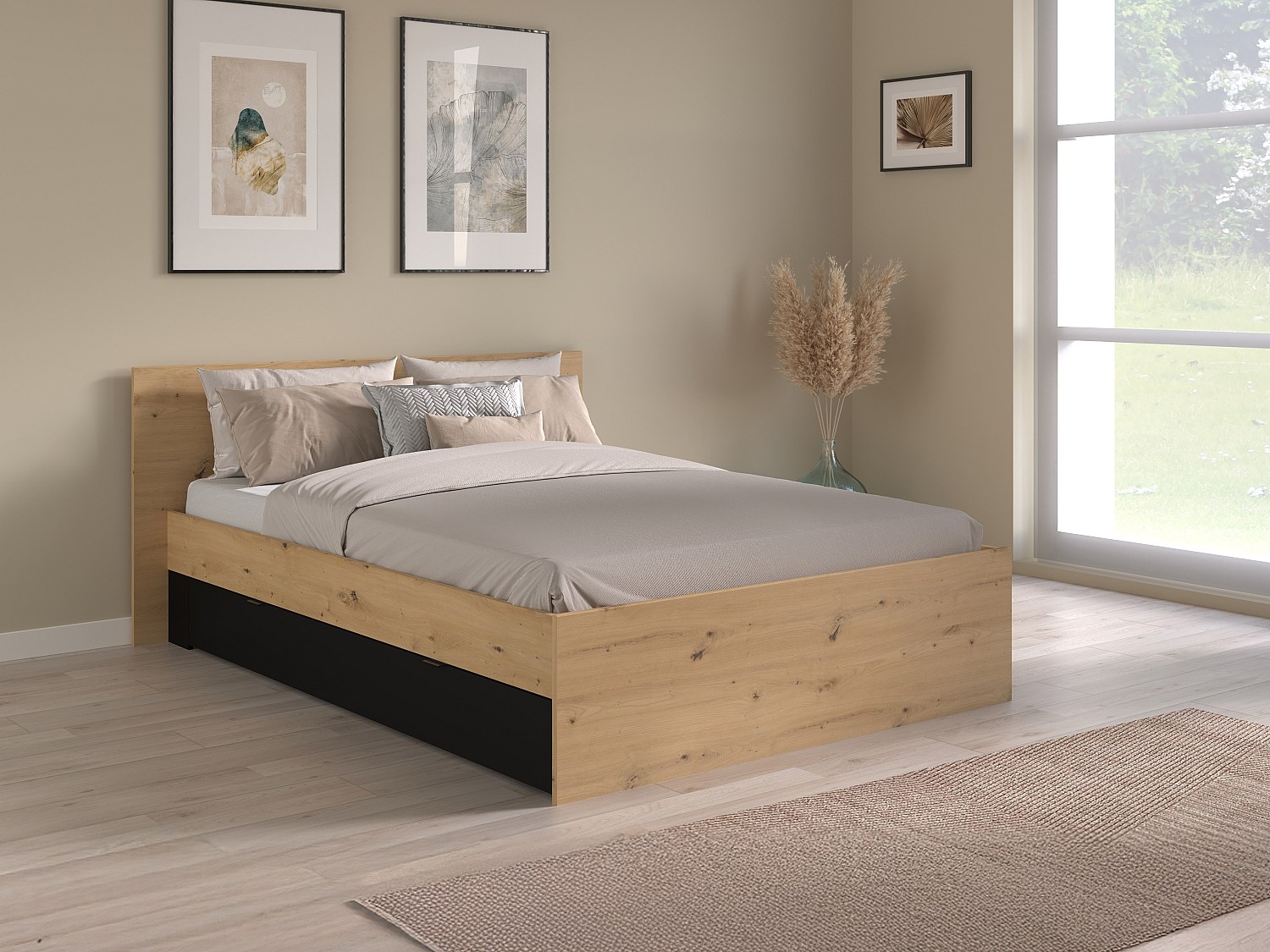 Bett mit 2 Schubladen + Lattenrost - 140 x 190/200 cm - Holzfarben & Schwarz - VARLY