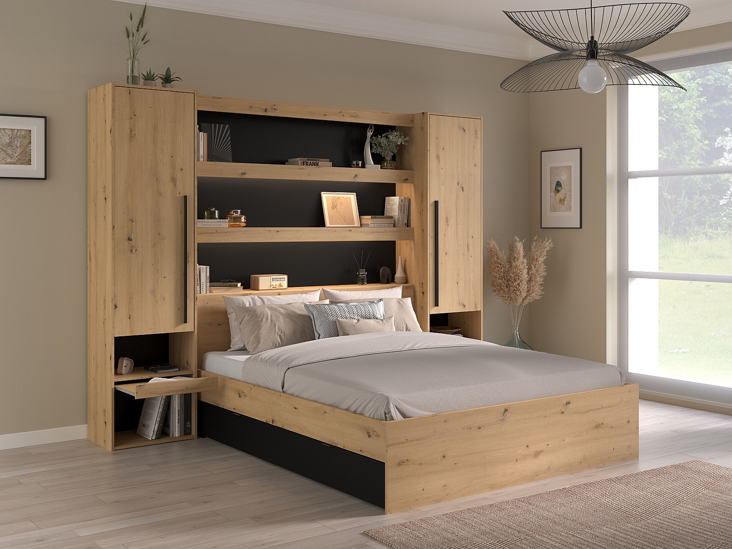 Bett mit Stauraum & LEDs - 140 x 190/200 cm + Lattenrost + Matratze - Holzfarben & Schwarz - VARLY