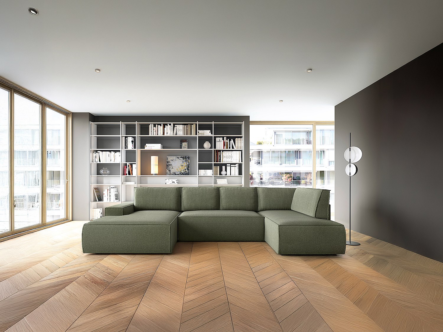 Große Wohnlandschaft mit Schlaffunktion - Ecke links - Strukturstoff - Grün - AMELIA