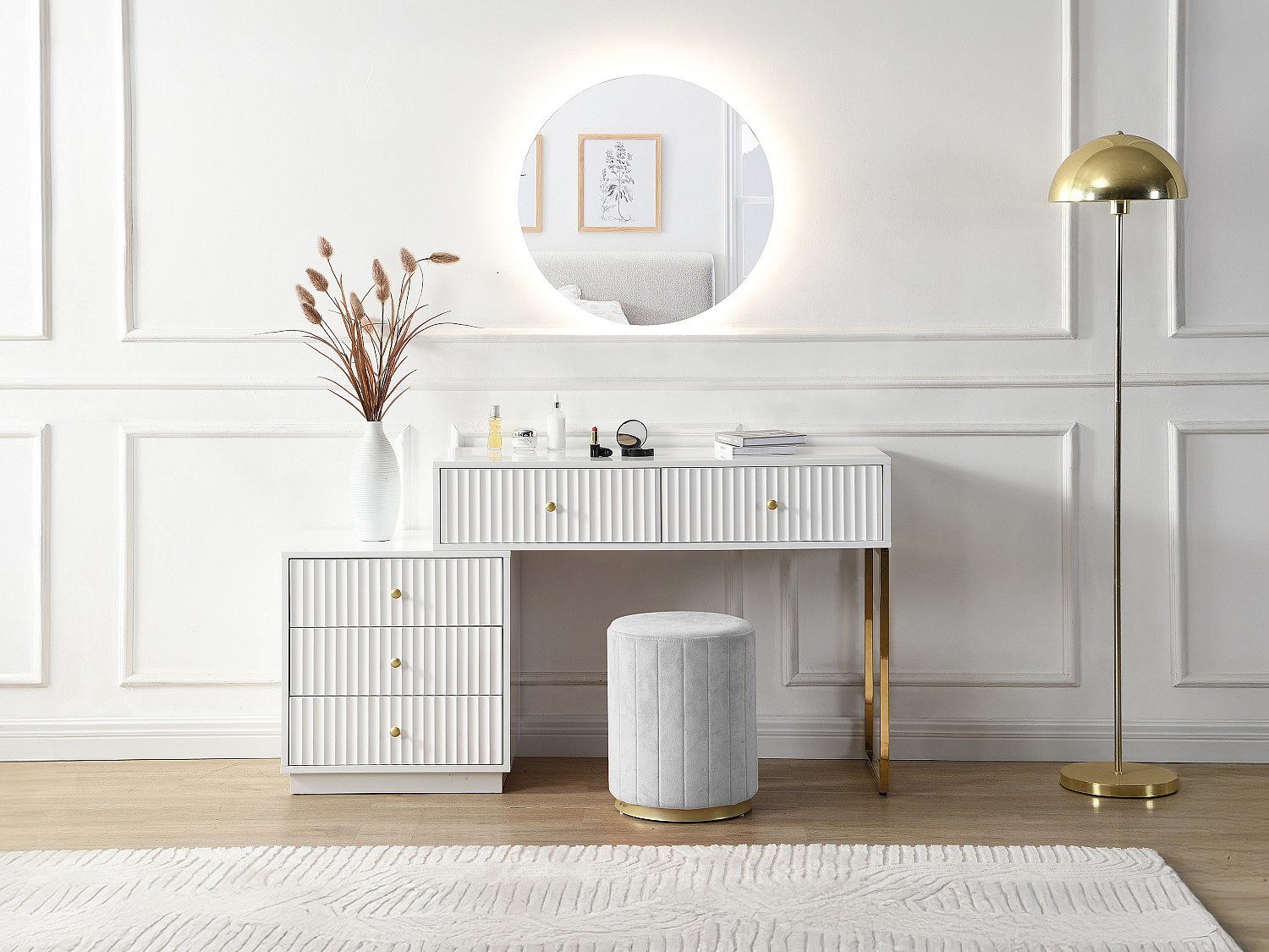 Schminktisch mit Spiegel - 5 Schubladen - Weiß/Gold - PEROLIA