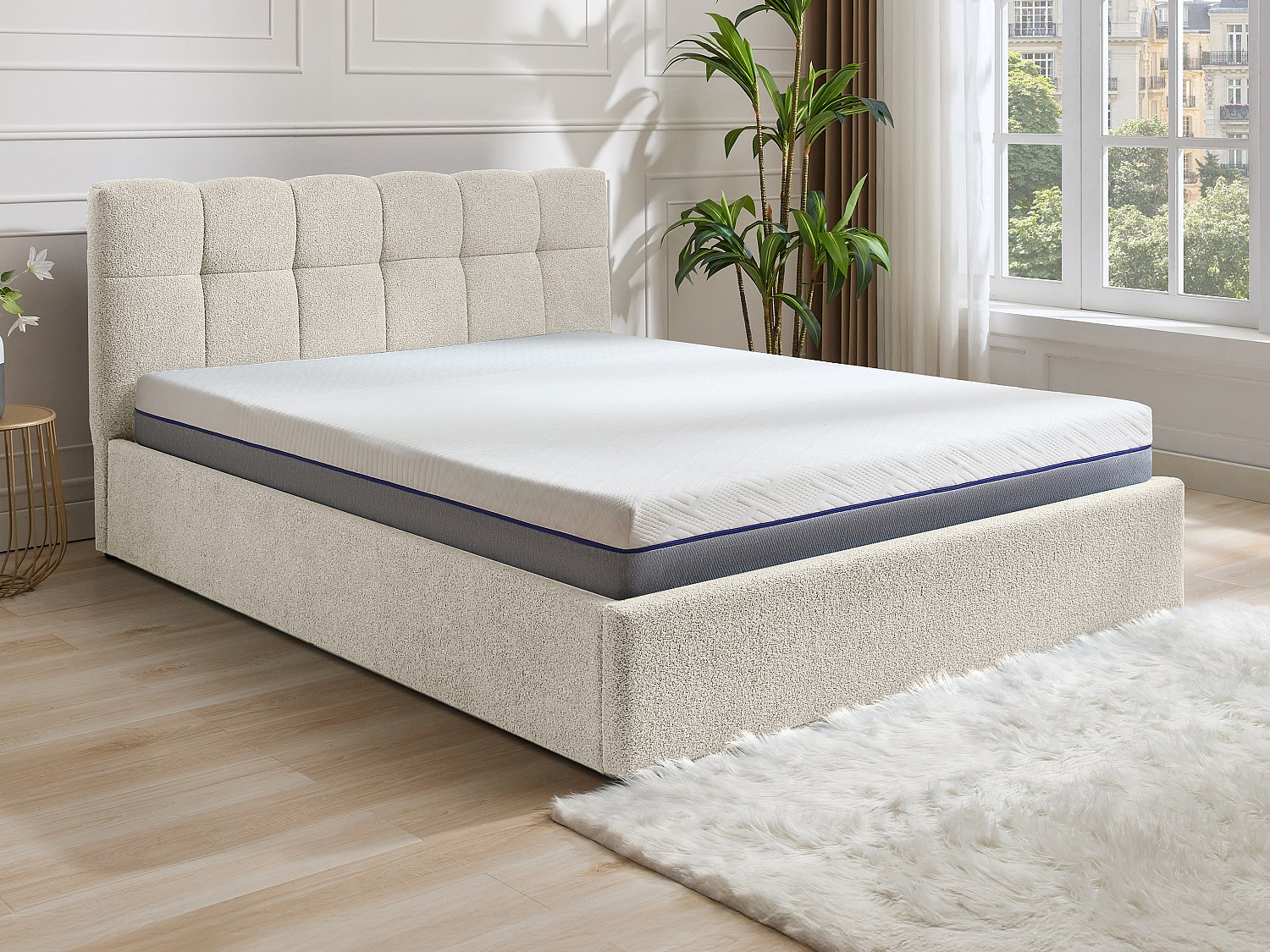 Bett mit Bett mit Bettkasten - + Matratze - 140 x 190 cm - Bouclé-Stoff - Weiß - MAZIRI