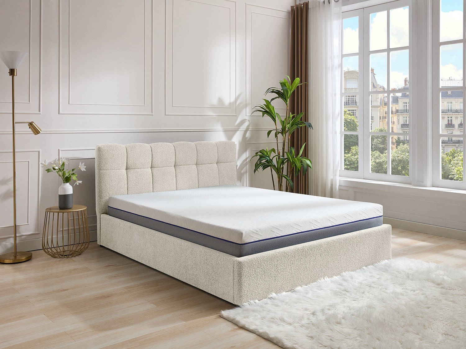 Bett mit Bett mit Bettkasten - + Matratze - 140 x 190 cm - Bouclé-Stoff - Weiß - MAZIRI