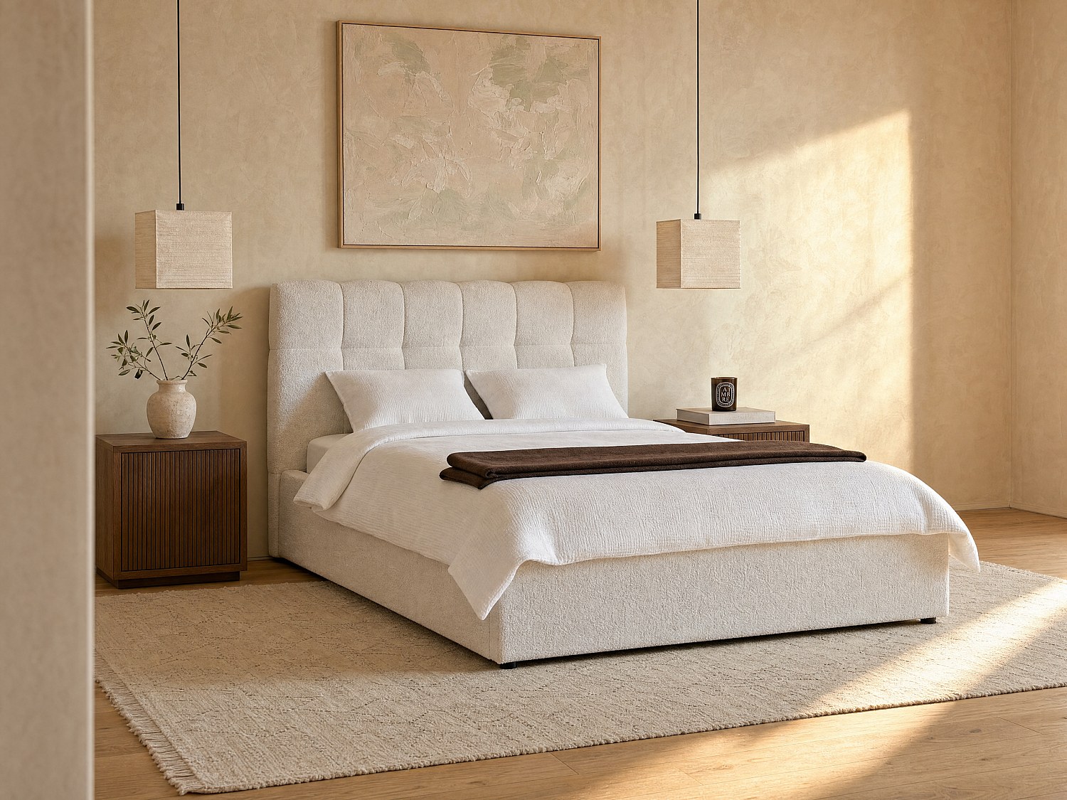 Bett mit Bett mit Bettkasten - + Matratze - 140 x 190 cm - Bouclé-Stoff - Weiß - MAZIRI
