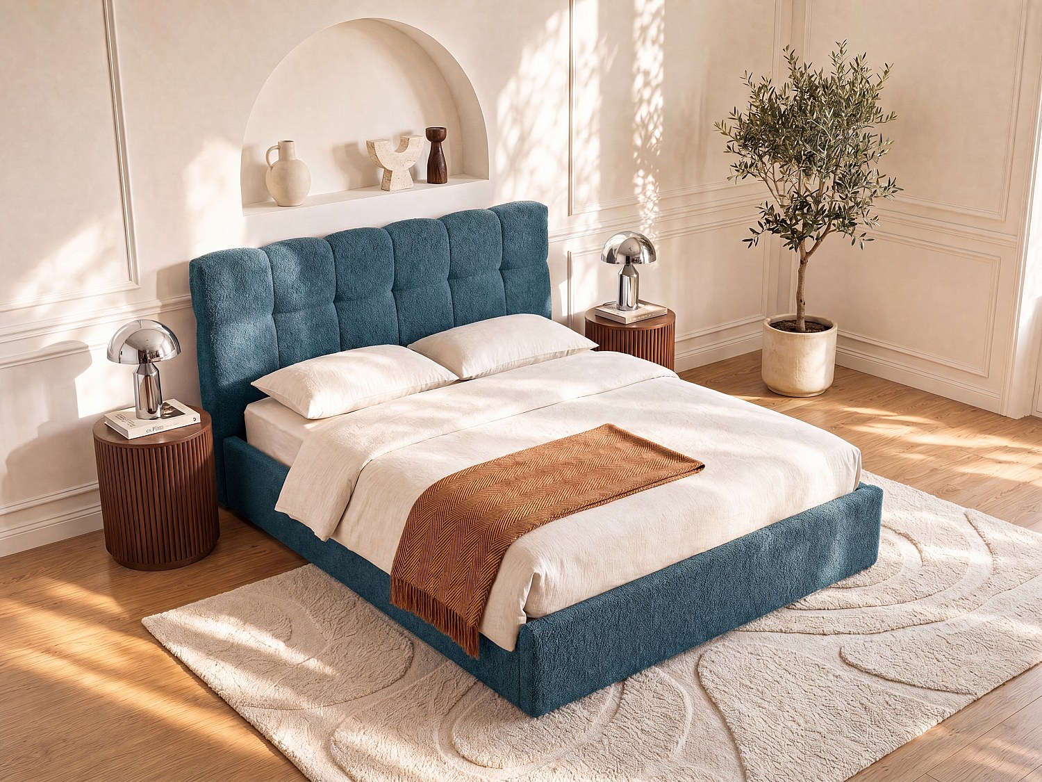Bett mit Bett mit Bettkasten - + Matratze - 140 x 190 cm - Bouclé-Stoff - Blaugrün - MAZIRI
