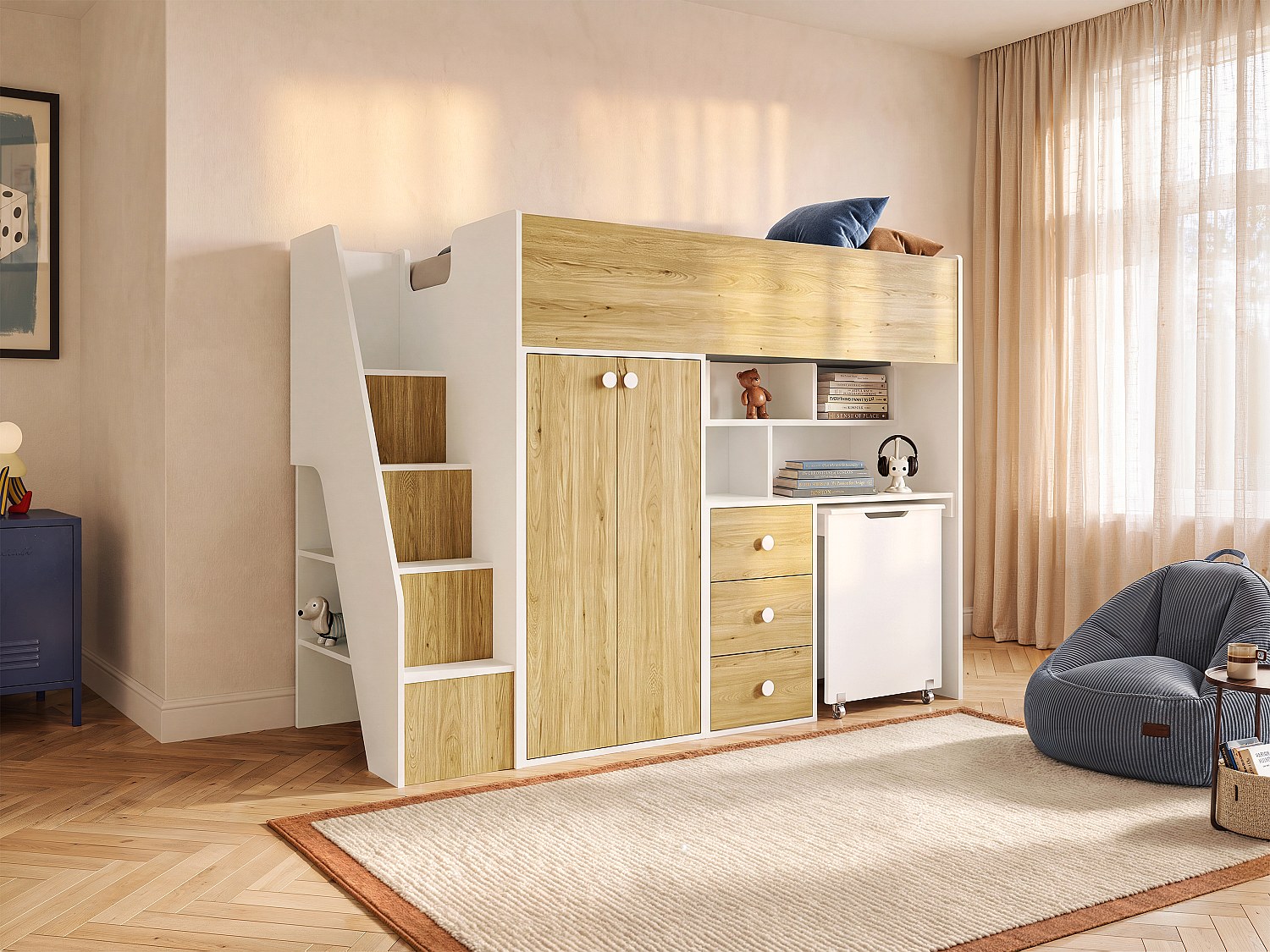 Hochbett mit Kleiderschrank & Schreibtisch + Matratze - 90 x 190 cm - Weiß & Holzfarben - LANILATO