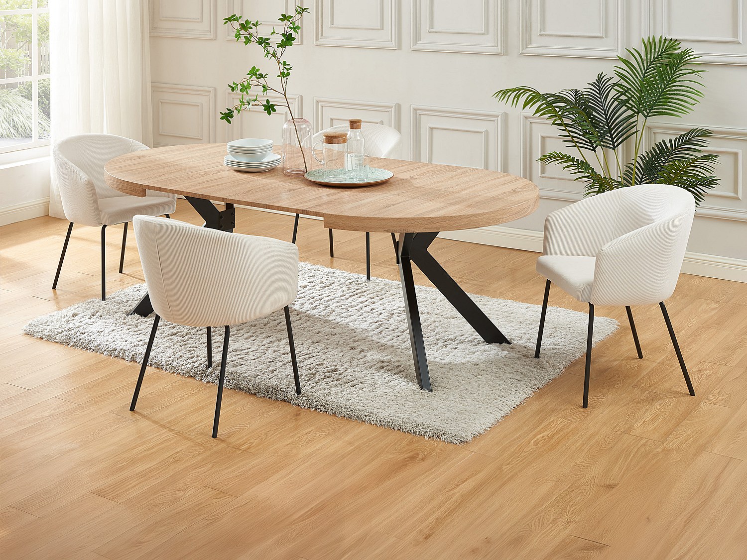 Set Tisch KOMONI + 4 Stühle MORONI - Holzfarben & Cremefarben