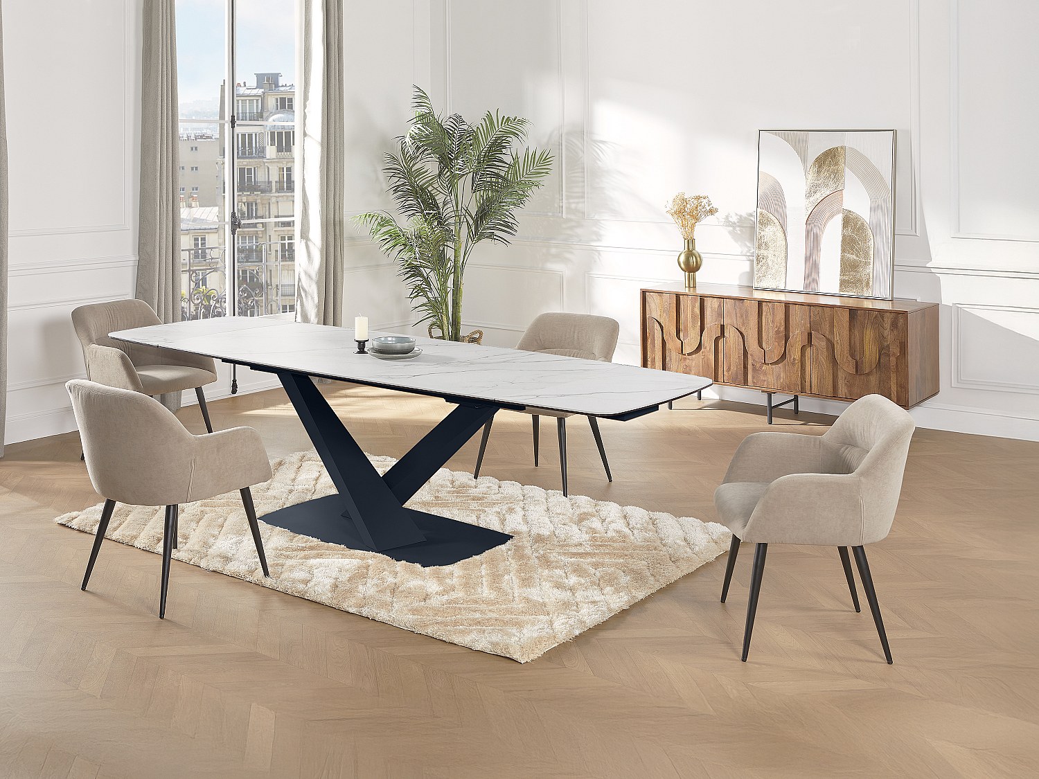 Set Tisch MALATA + 4 Stühle HEKA - Marmor-Optik - Weiß & Beige