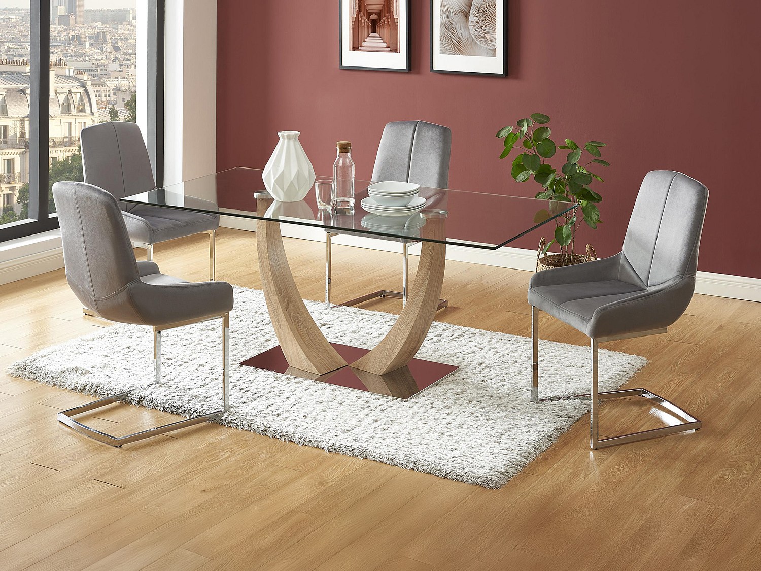 Set Tisch MELODIE II + 4 Stühle BERLONA - Transparent & Grau
