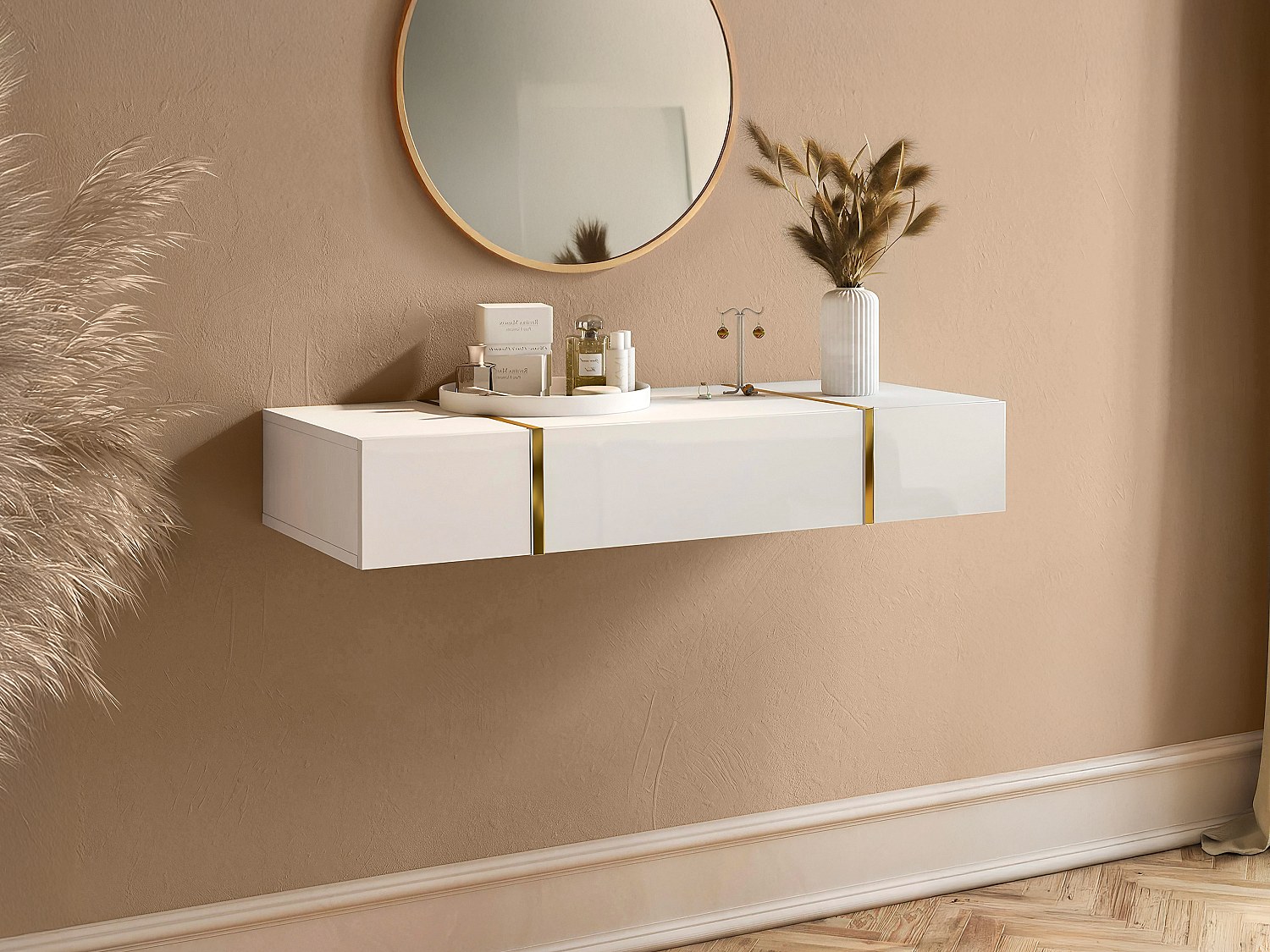 Hängende Konsole mit 3 Türen - Hochglanz Weiß & Gold - MARZIALO