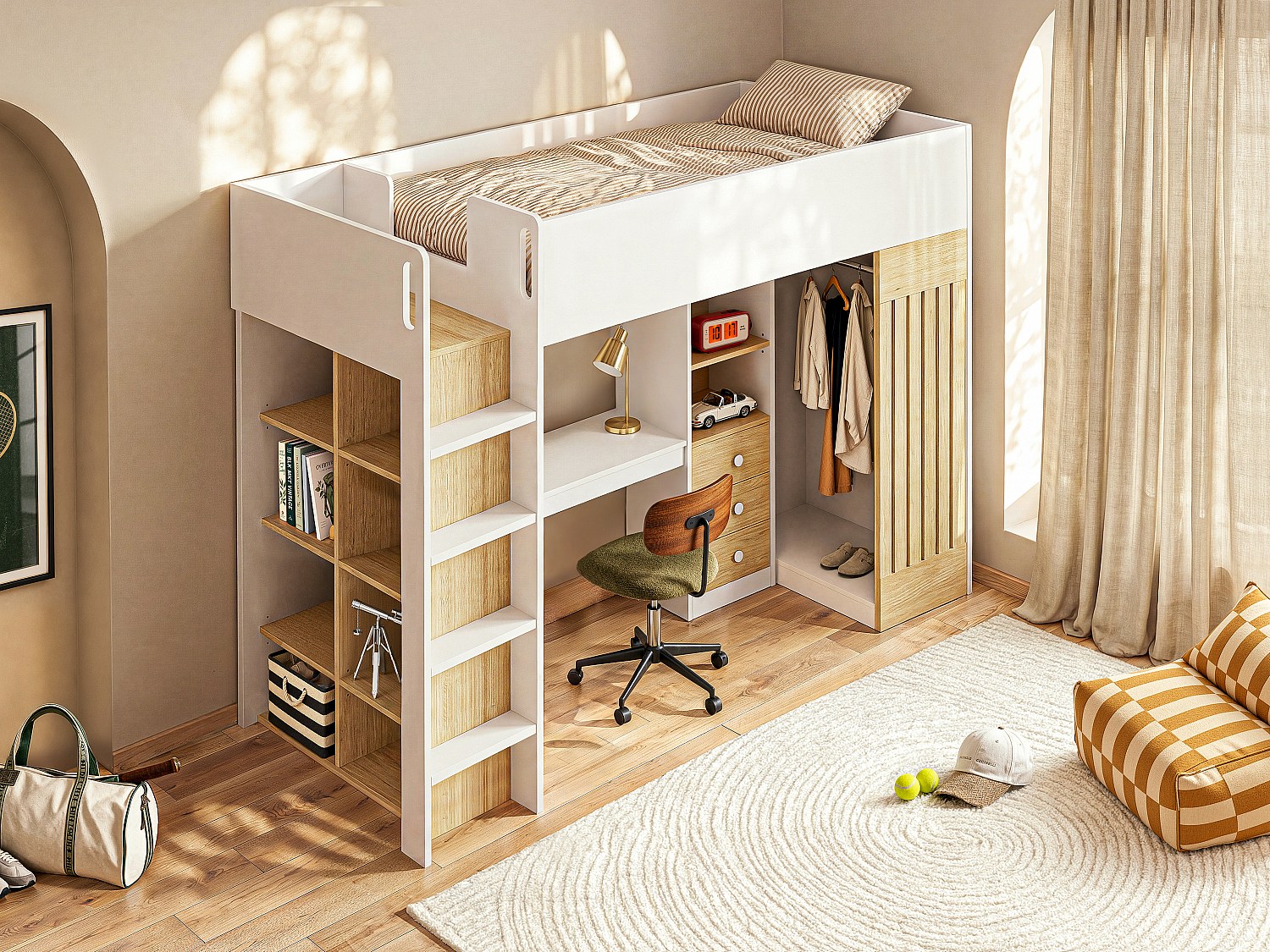 Hochbett mit Schreibtisch & Kleiderstange + Matratze - 90 x 190 cm - Weiß & Holzfarben - LORINTI