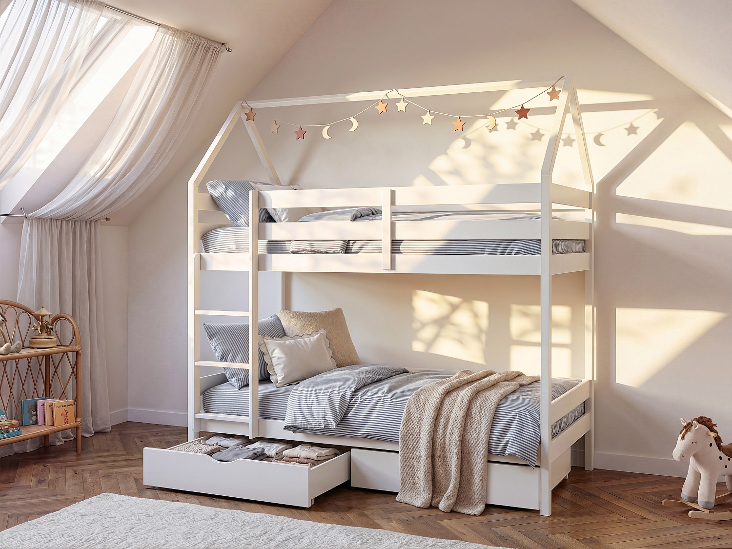 Etagenbett Hausbett mit 2 Schubladen + Matratze - Kiefernholz - 2 x 90 x 190 cm - Weiß - CHORI