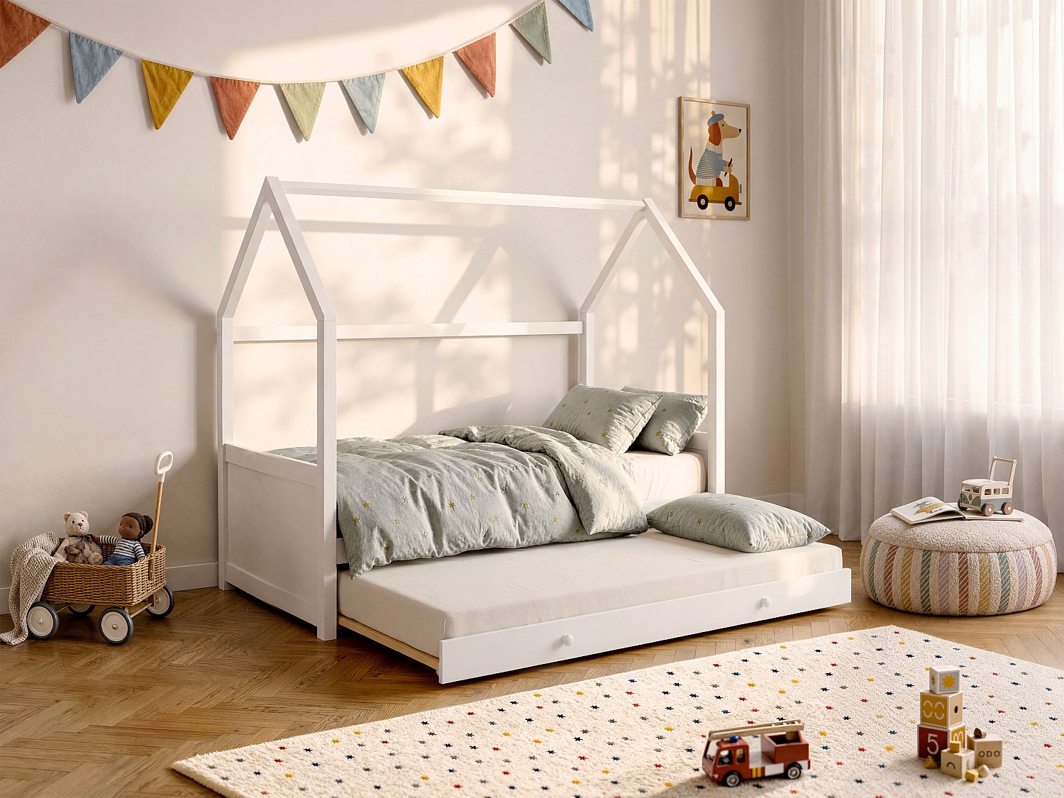 Ausziehbett Hausbett mit Matratze - Kiefernholz - 2 x 90 x 190 cm - Weiß - HURRA