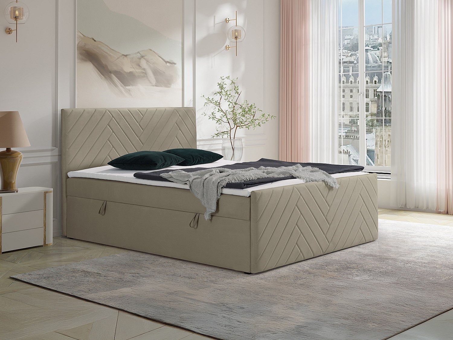 Deko-Komplett-Set mit Bett-Kopfteil + Bettgestell mit Bettkasten + Matratze + Topper - 160 x 200 cm - Samt - Taupe - MAKANA von YSMÉE