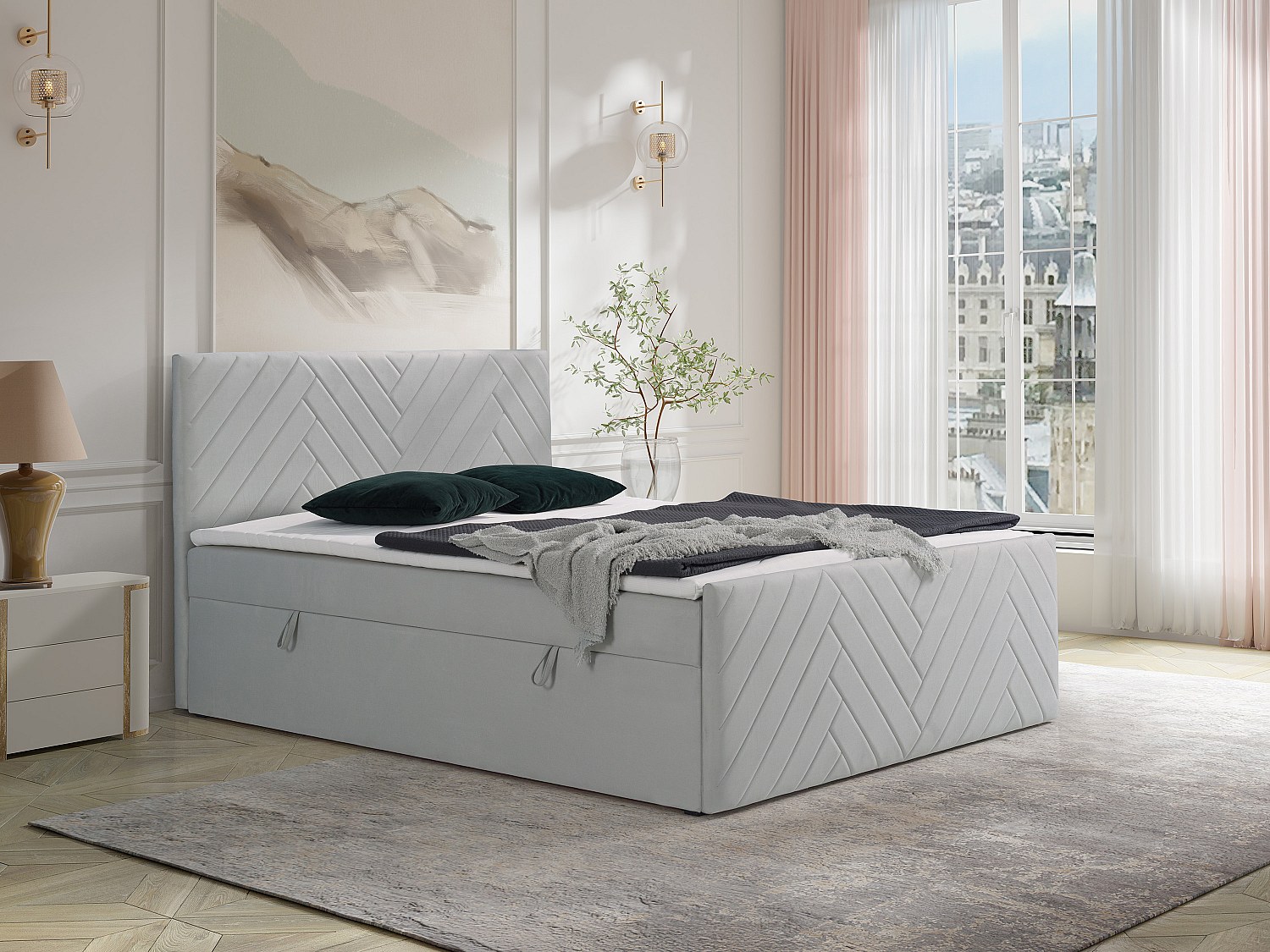 Deko-Komplett-Set mit Bett-Kopfteil + Bettgestell mit Bettkasten + Matratze + Topper - 160 x 200 cm - Samt - Hellgrau - MAKANA von YSMÉE