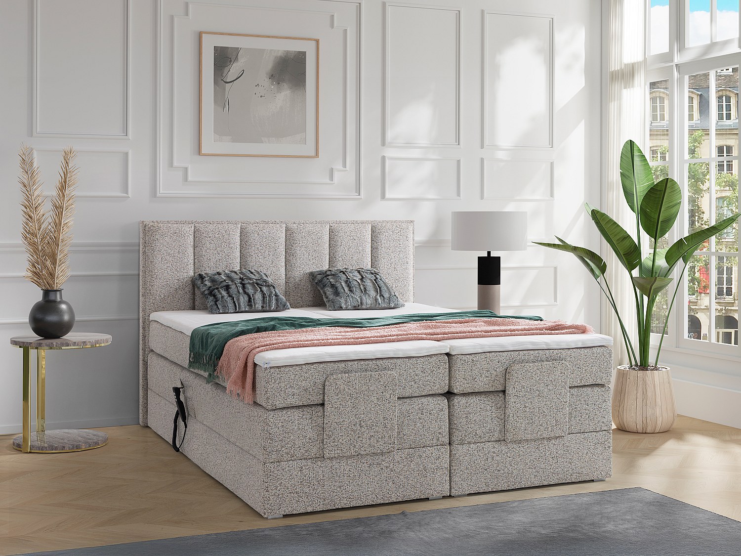 Boxspringbett mit Bett-Kopfteil + elektrisch verstellbare Lattenroste + Matratzen + Topper - 2 x 80 x 200 cm - Stoff - Beige - KALASI von PALACIO