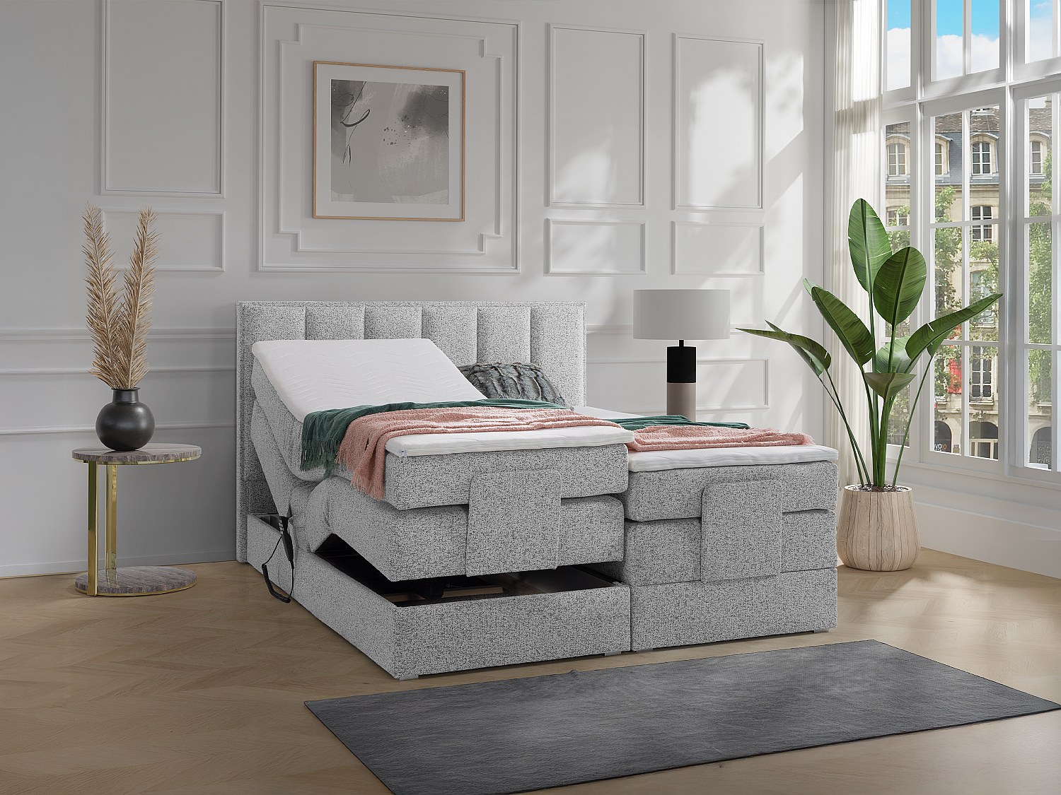 Boxspringbett mit Bett-Kopfteil + elektrisch verstellbare Lattenroste + Matratzen + Topper - 2 x 80 x 200 cm - Stoff - Grau - KALASI von PALACIO