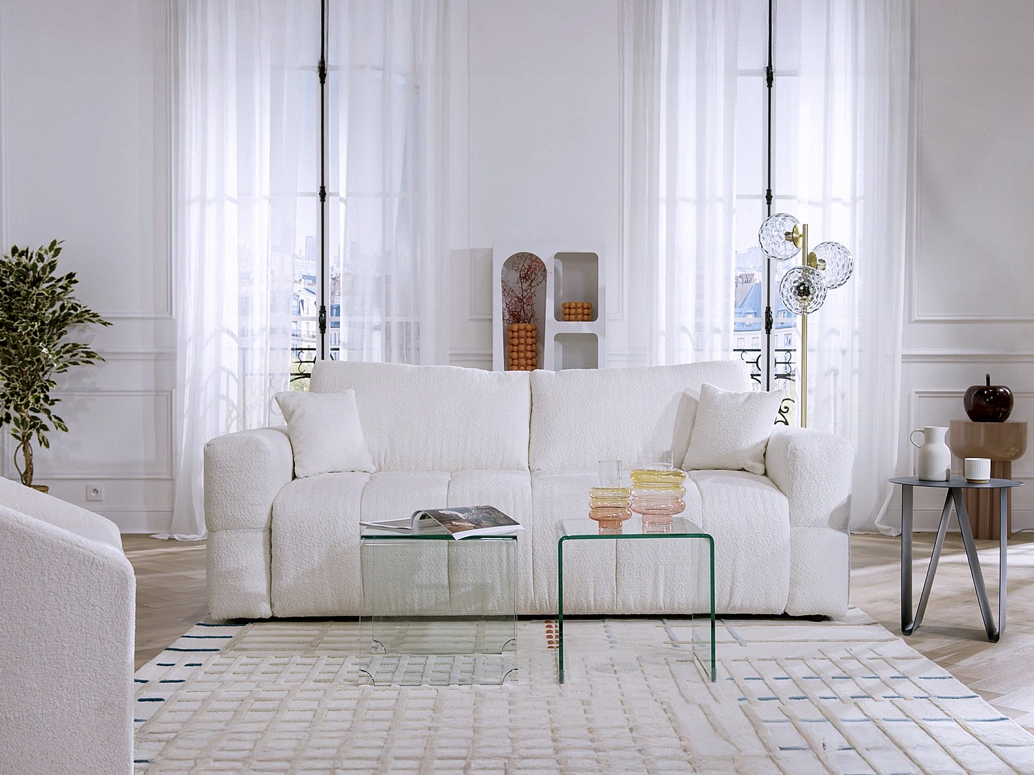 Schlafsofa mit Matratze 3-Sitzer - Bouclé-Stoff - Beige - Liegefläche 140 cm - Matratze 13 cm - ISSORO