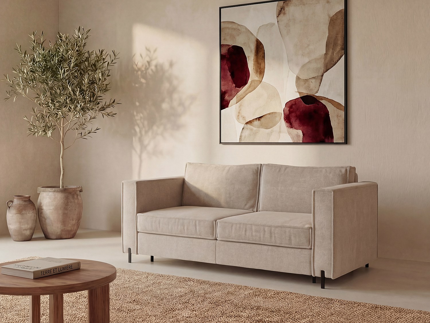 Schlafsofa mit Matratze 4-Sitzer - Strukturstoff - Beige - Liegefläche 160 cm - Matratze 14 cm - ELORYA