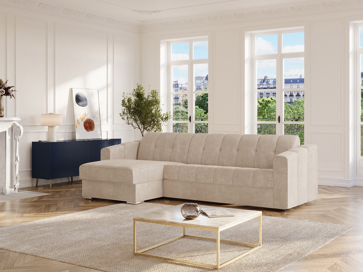 Eckschlafsofa mit Matratze - Ecke wechselbar - Strukturstoff - Beige - Liegefläche 140 cm - Matratze 14 cm - DARIELO