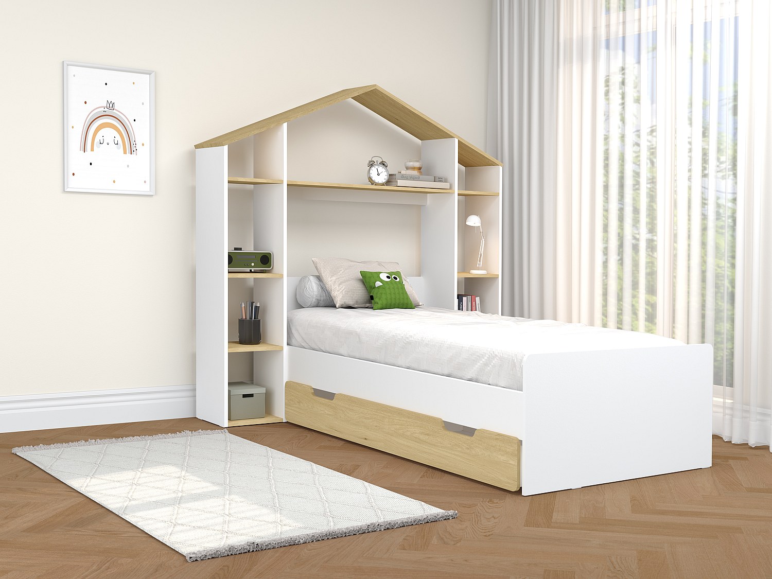 Hausbett + Matratze - 90 x 190 cm - Weiß & Holzfarben - JERACO