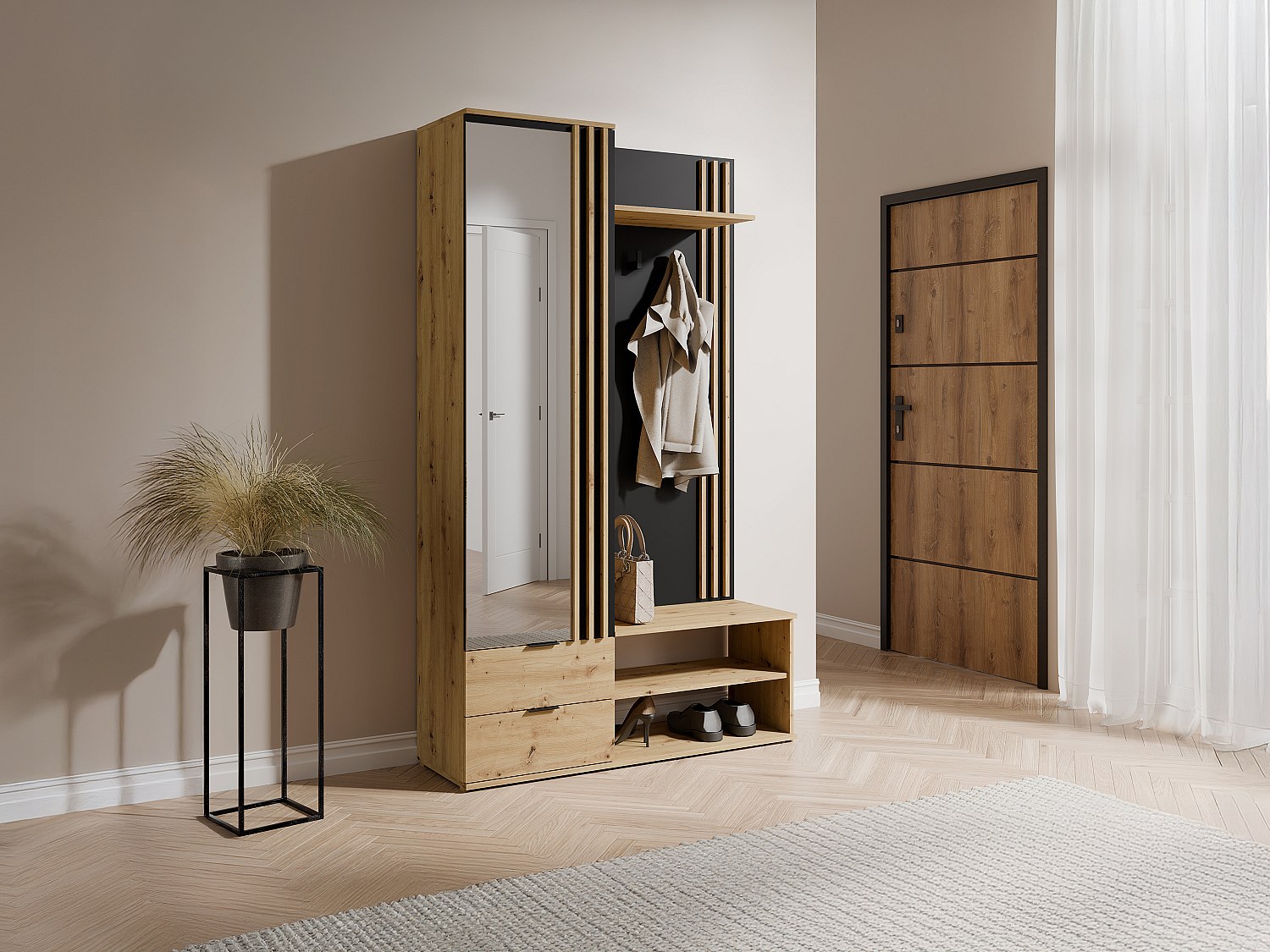 Garderobe mit Spiegel & Stauraum - Holzfarben & Schwarz - JANAKIA